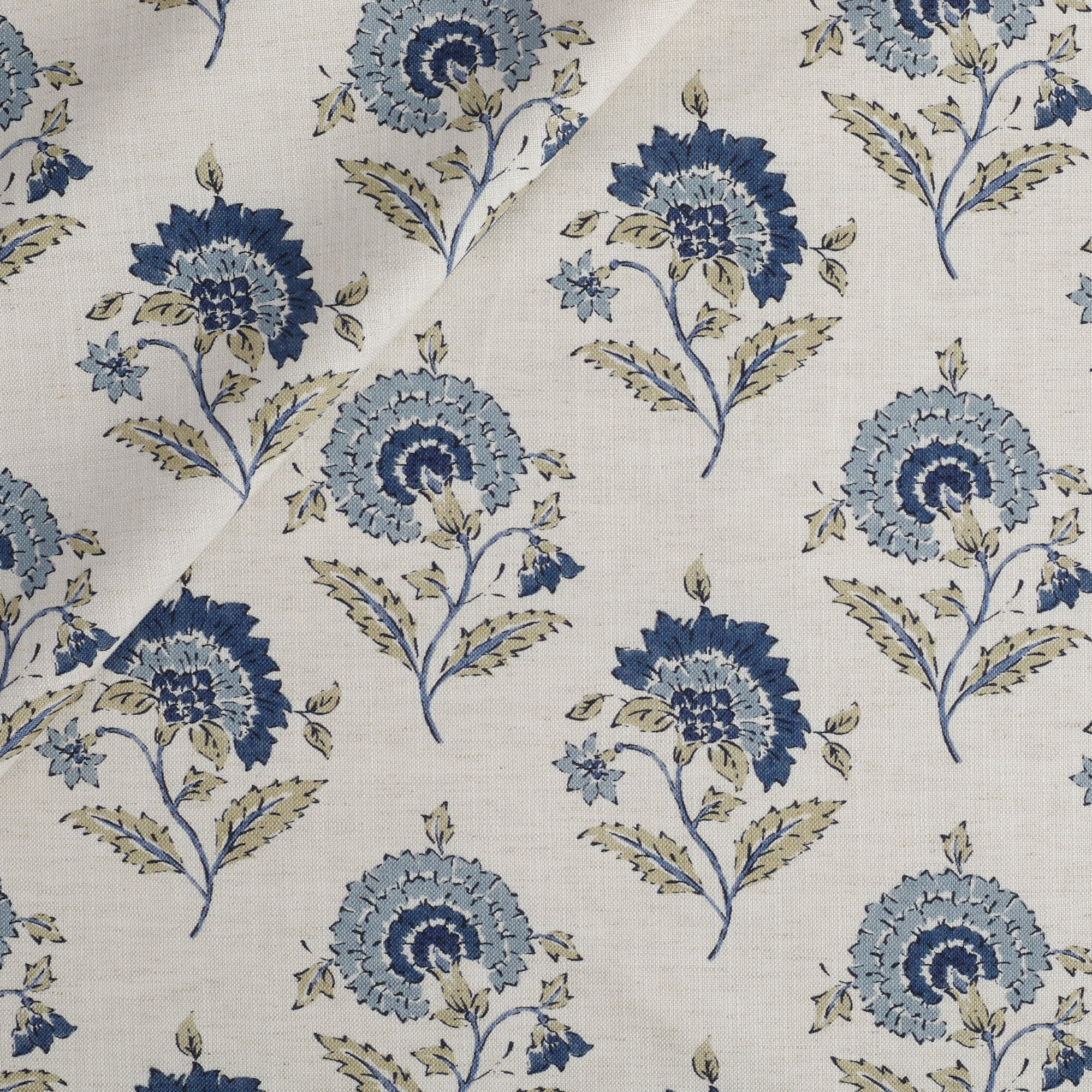 Tonic Living Clara Fabric in Denim, a blue and white floral drapery fabric with block print pattern.