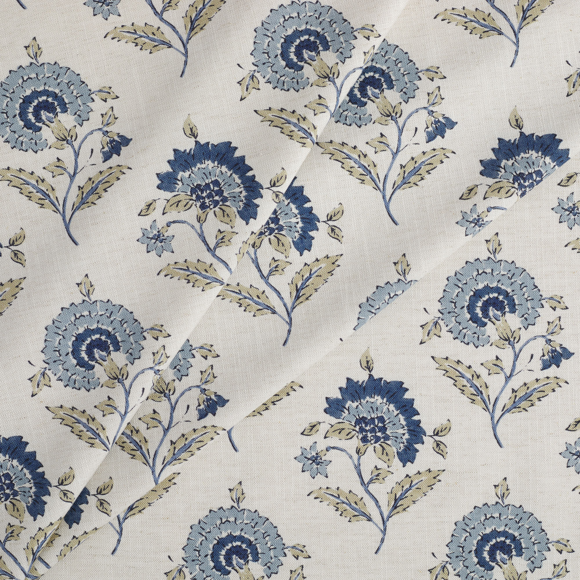 Tonic Living Clara Denim drapery fabric with blue and white botanical block print pattern.