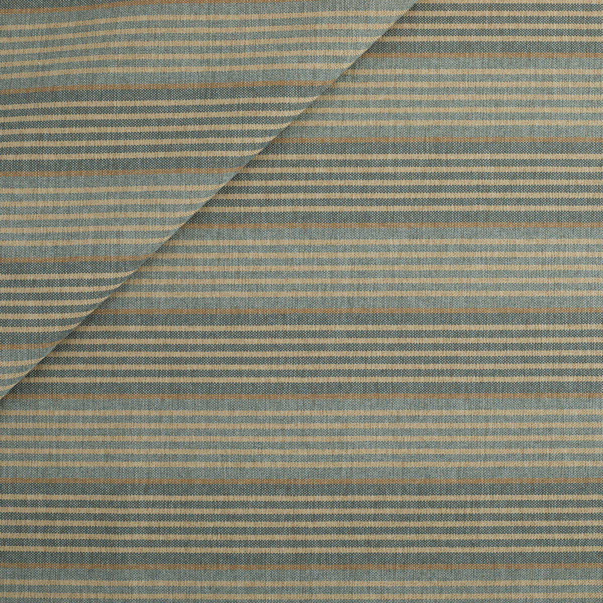 Tonic Living Clark Stripe Fabric in Pool, a faded blue, oatmeal, and camel striped high-performance upholstery fabric.