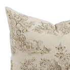 Close up of Tonic Living Colette Portobello cushion showing scenic toile detail in portobello brown and natural.