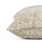 Side zipper detail of Tonic Living Colette 20x20 throw pillow in brown and natural toile print.