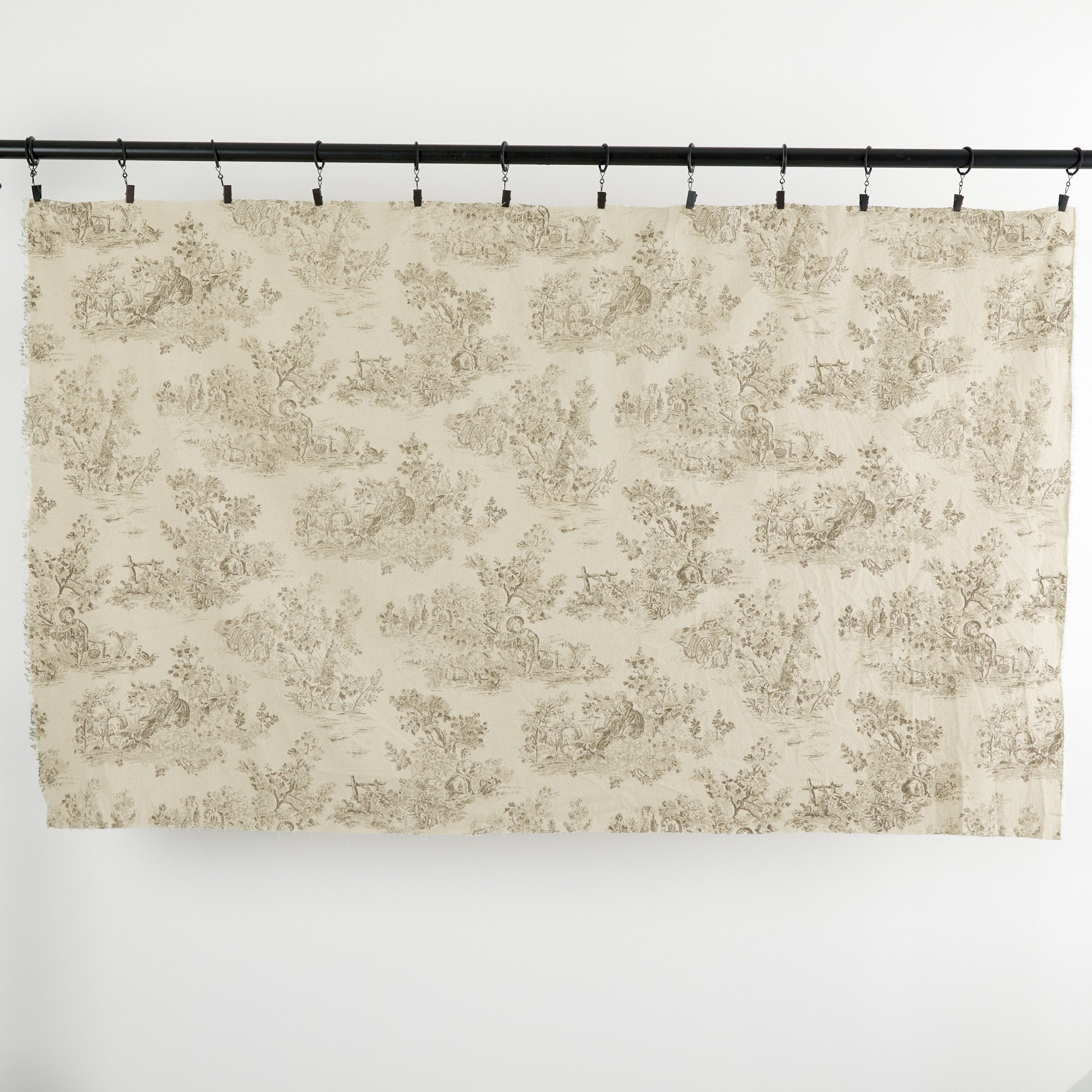 Full yard of Tonic Living Colette Portobello fabric showing scenic pastoral toile design in brown and natural tones.
