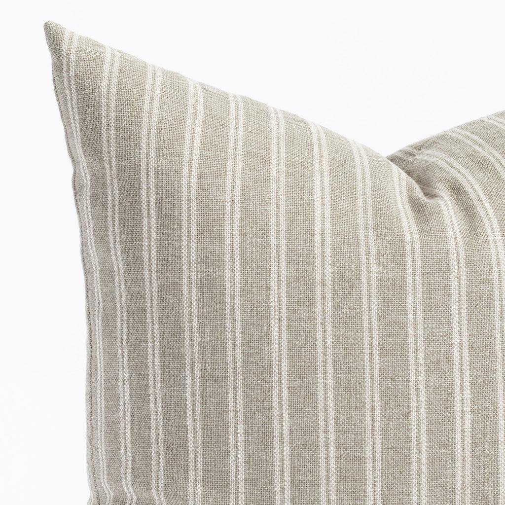 a dusty sage green and oatmeal beige vertical stripe throw pillow : close up view