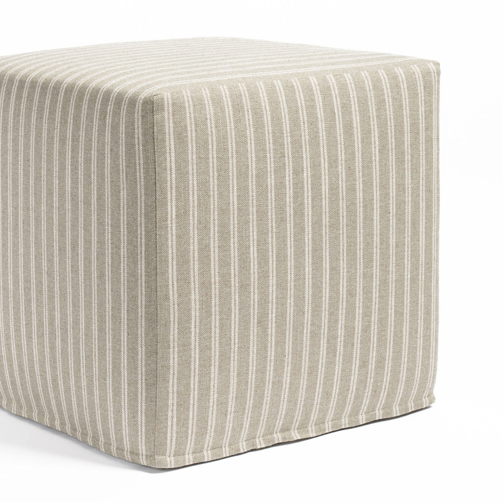 a dusty sage green and oatmeal belgian farmhouse striped fabric ottoman pouf : front view 2