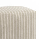 a dusty sage green and oatmeal belgian farmhouse striped fabric ottoman pouf : top detail view 2