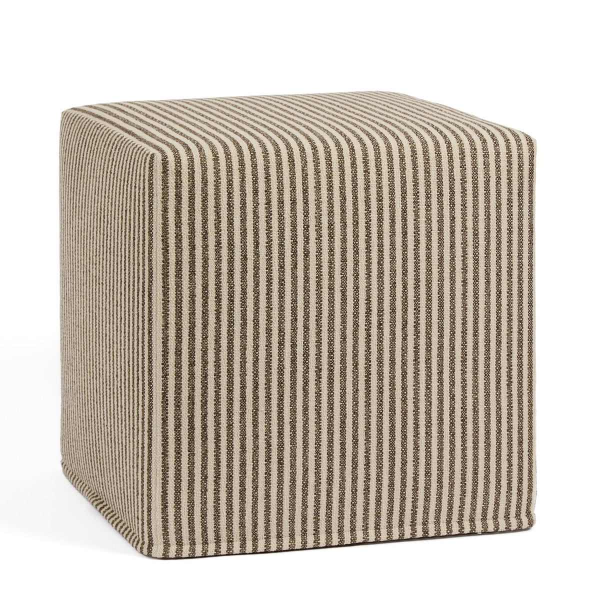 Tonic Living Crosby Stripe 16x16 Cube Ottoman in Truffle, a brown and beige striped upholstered ottoman.