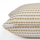 Zipper detail of Dash decorative cushion in ochre with golden camel stitched stripe design.