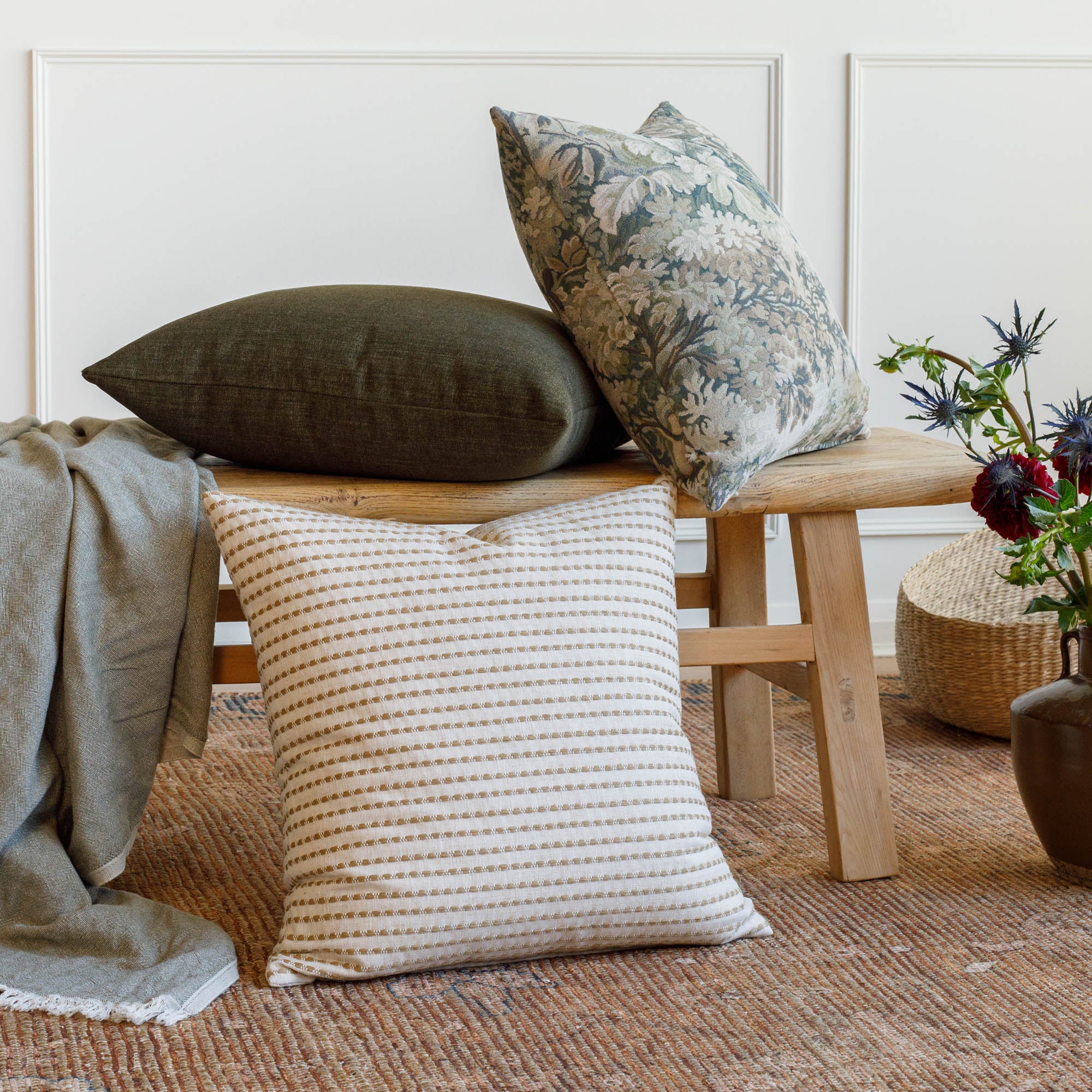 Styled Tonic Living pillows: Bedford Moss green, Manor Sage tapestry, and Dash Ochre decorative accent pillows.