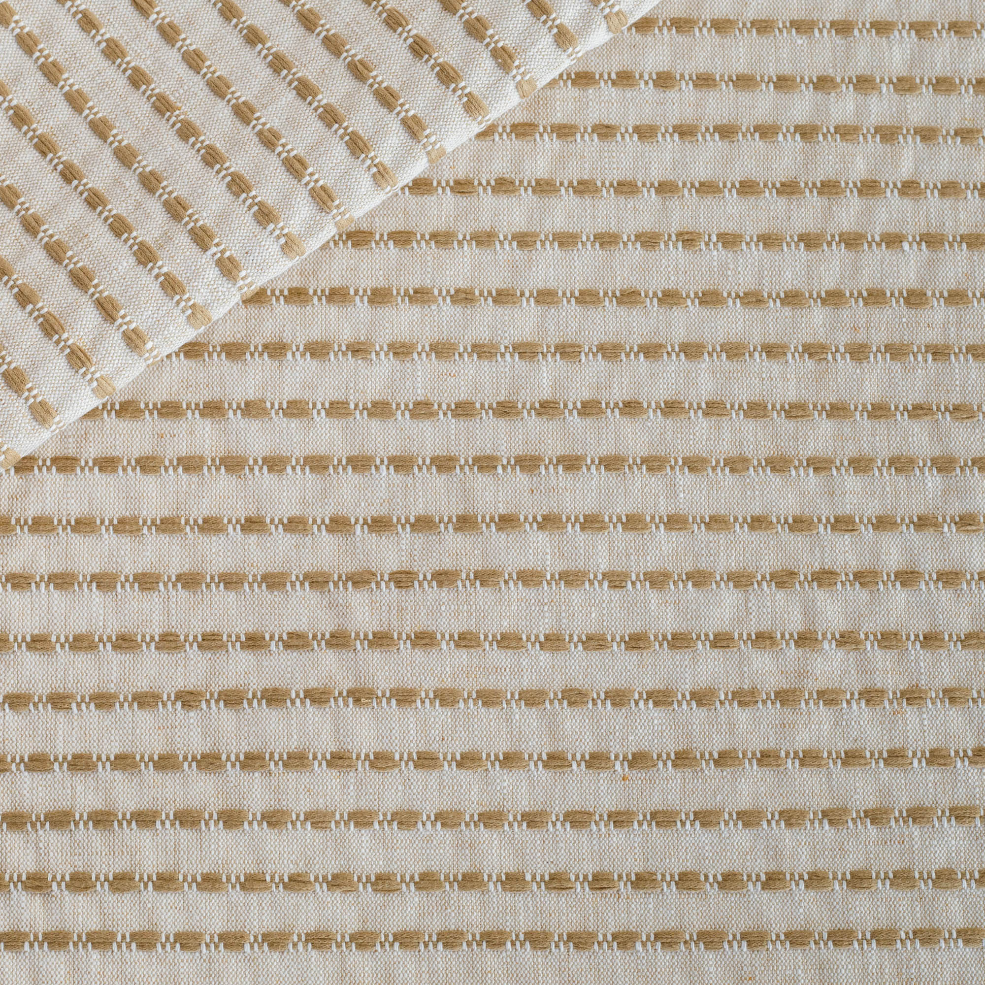 Tonic Living Dash Stripe Ochre woven striped neutral upholstery fabric for home decor.
