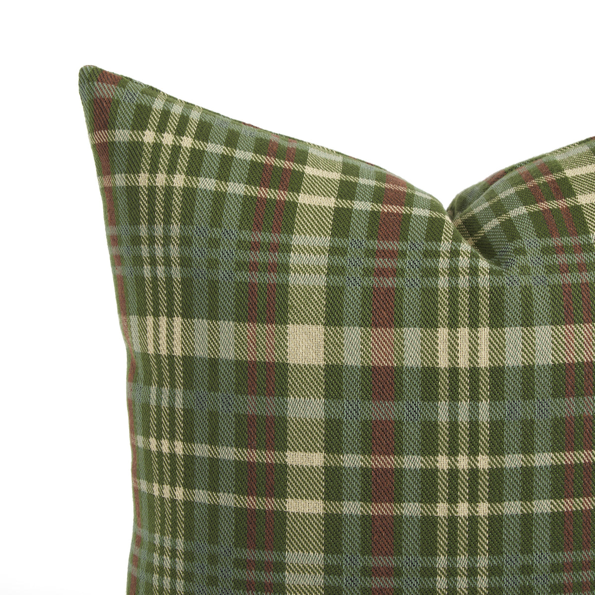 Close up of Tonic Living Dasher Holiday Pillow showing a woven plaid pattern in pine green, burgundy, beige, and chambray blue.