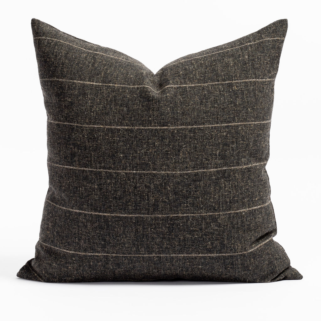 Dunrobin 22x22 Sable, a charcoal grey with a fine tan brown horizontal stripe throw pillow from Tonic Living