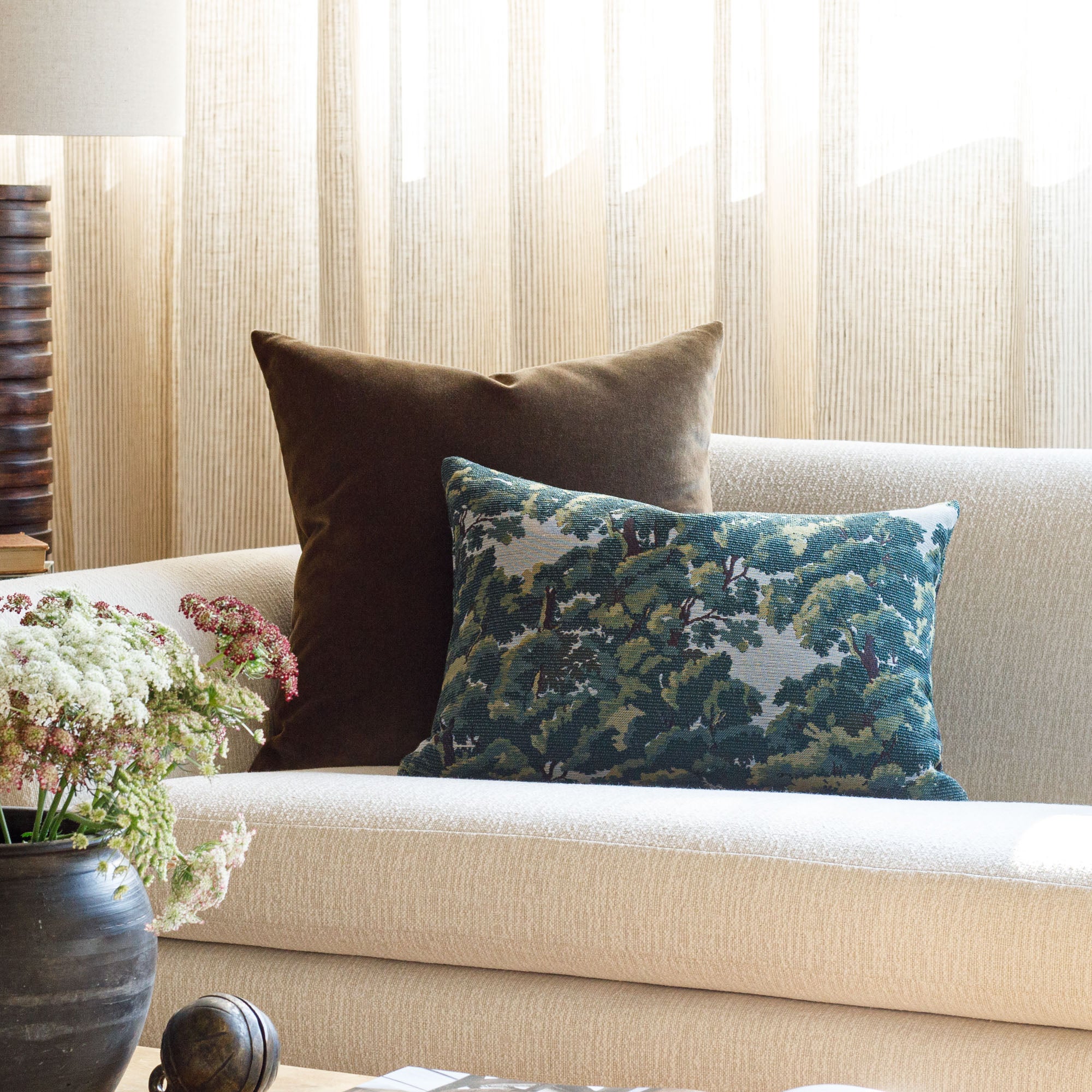 Elora 14x20 Lumbar Pillow and Valentina Velvet Truffle pillows
