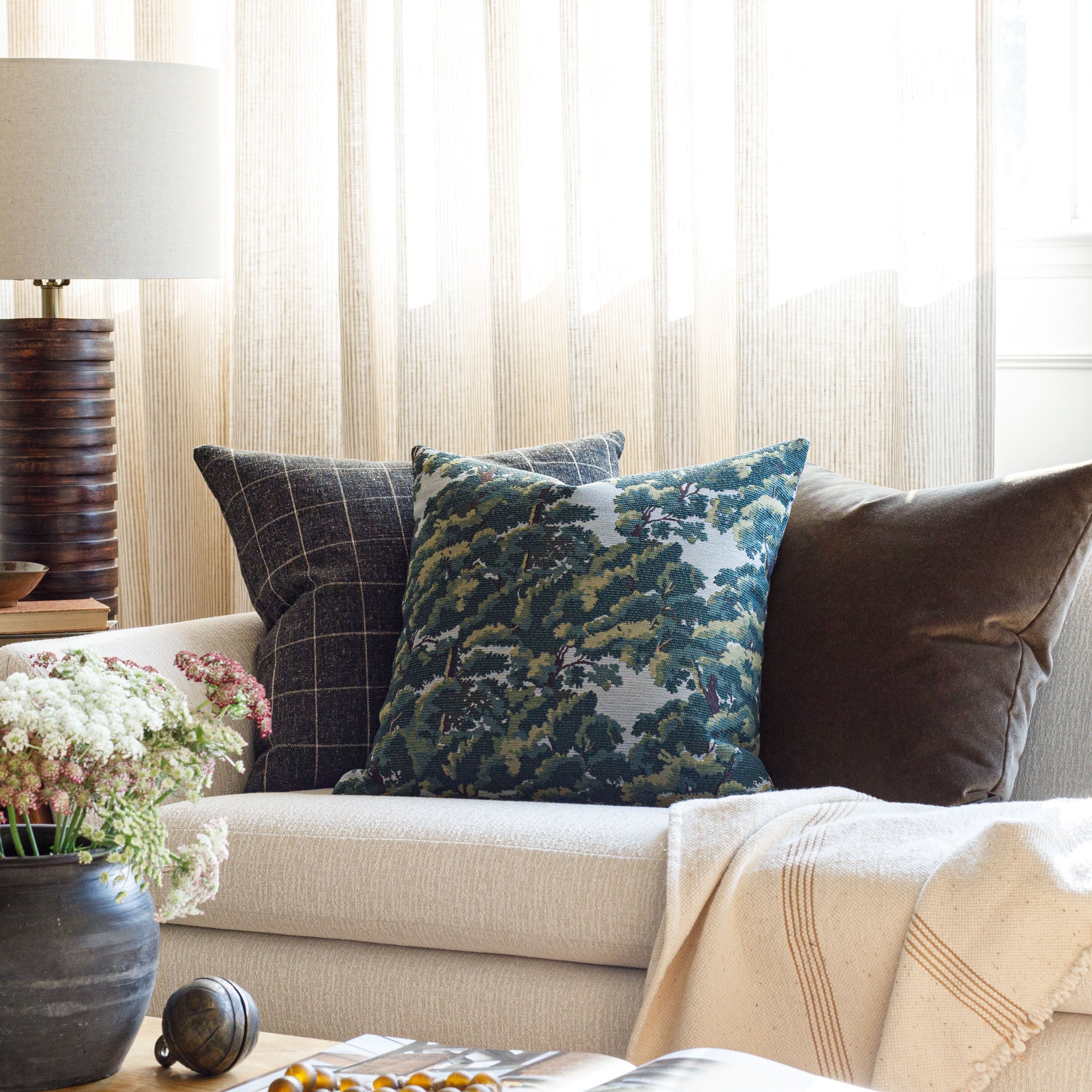 earth toned pillow combo: Elora Forest green, Dundee Sable and Valentina Velvet Truffle 