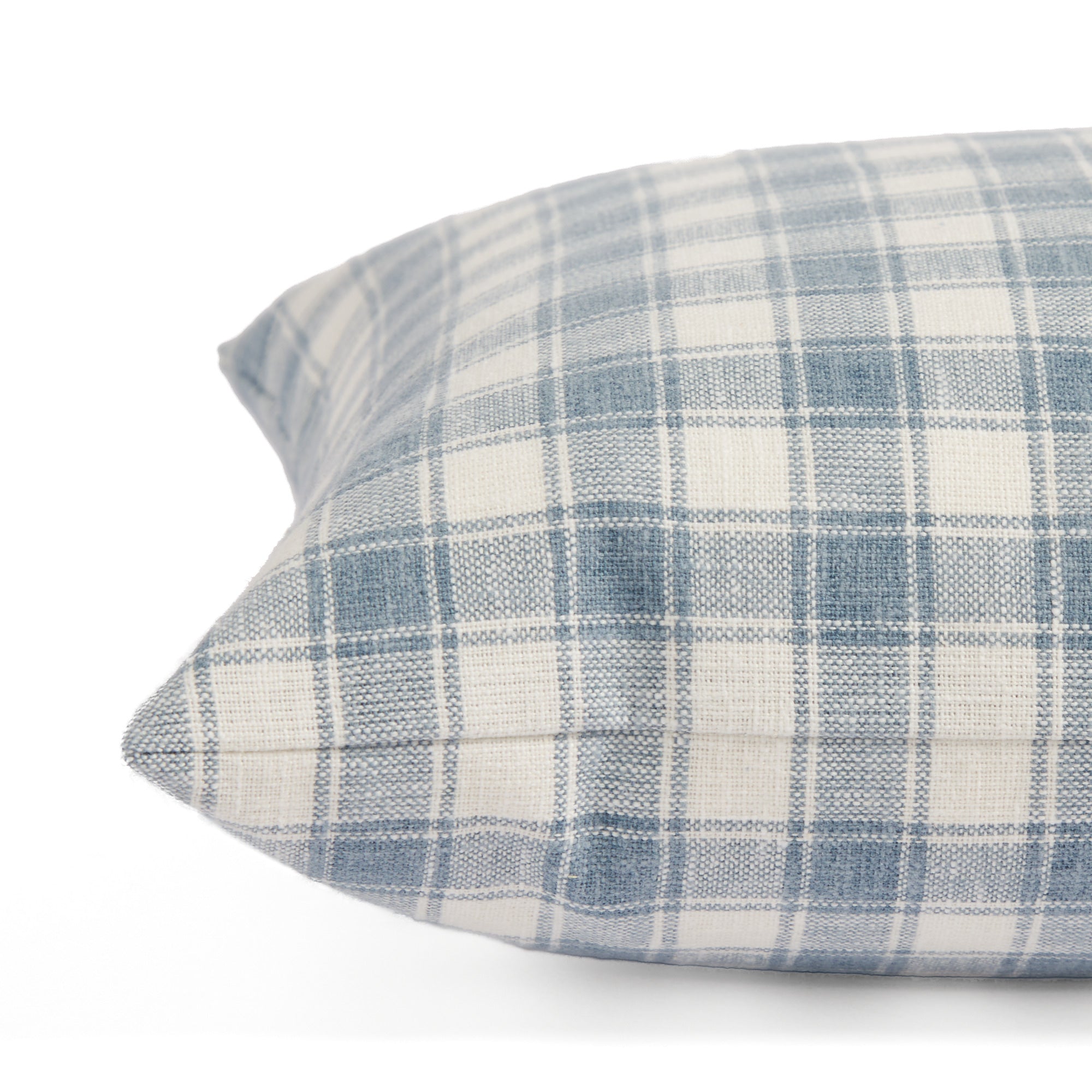Side view of Tonic Living Emmett Plaid decorative lumbar cushion highlighting its timeless blue check design.