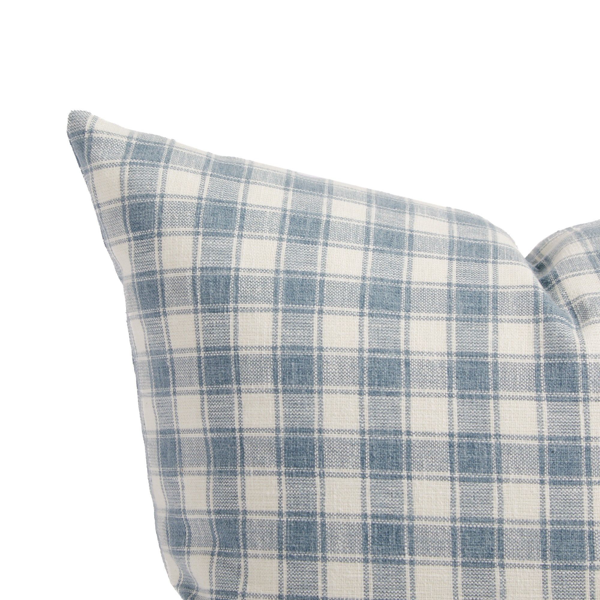 Close up of Tonic Living Emmett Plaid cushion showing its classic blue and white gingham pattern.