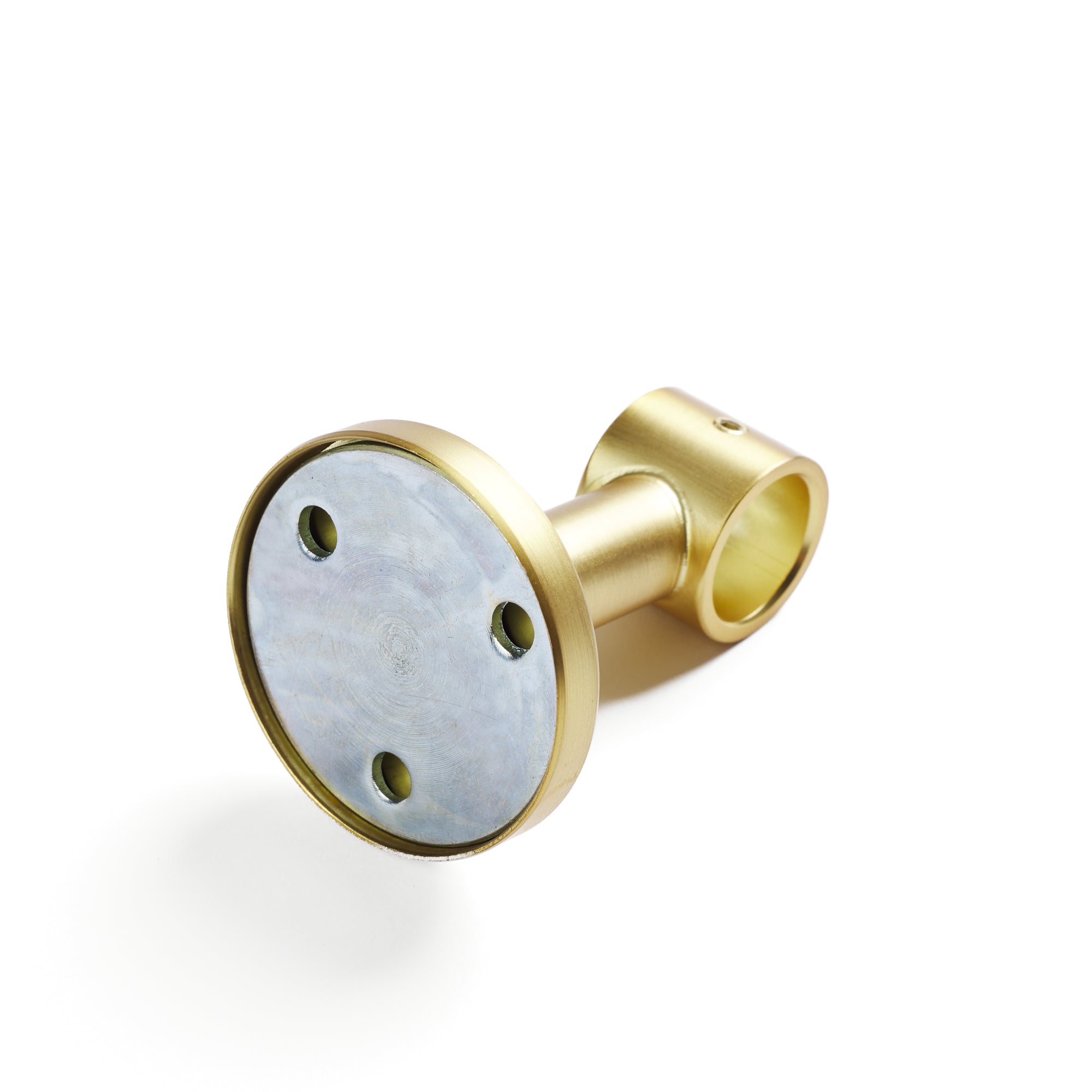 Underside of Tonic Living Gold enclosed café rod bracket showing wall mounting hardware attachment.
