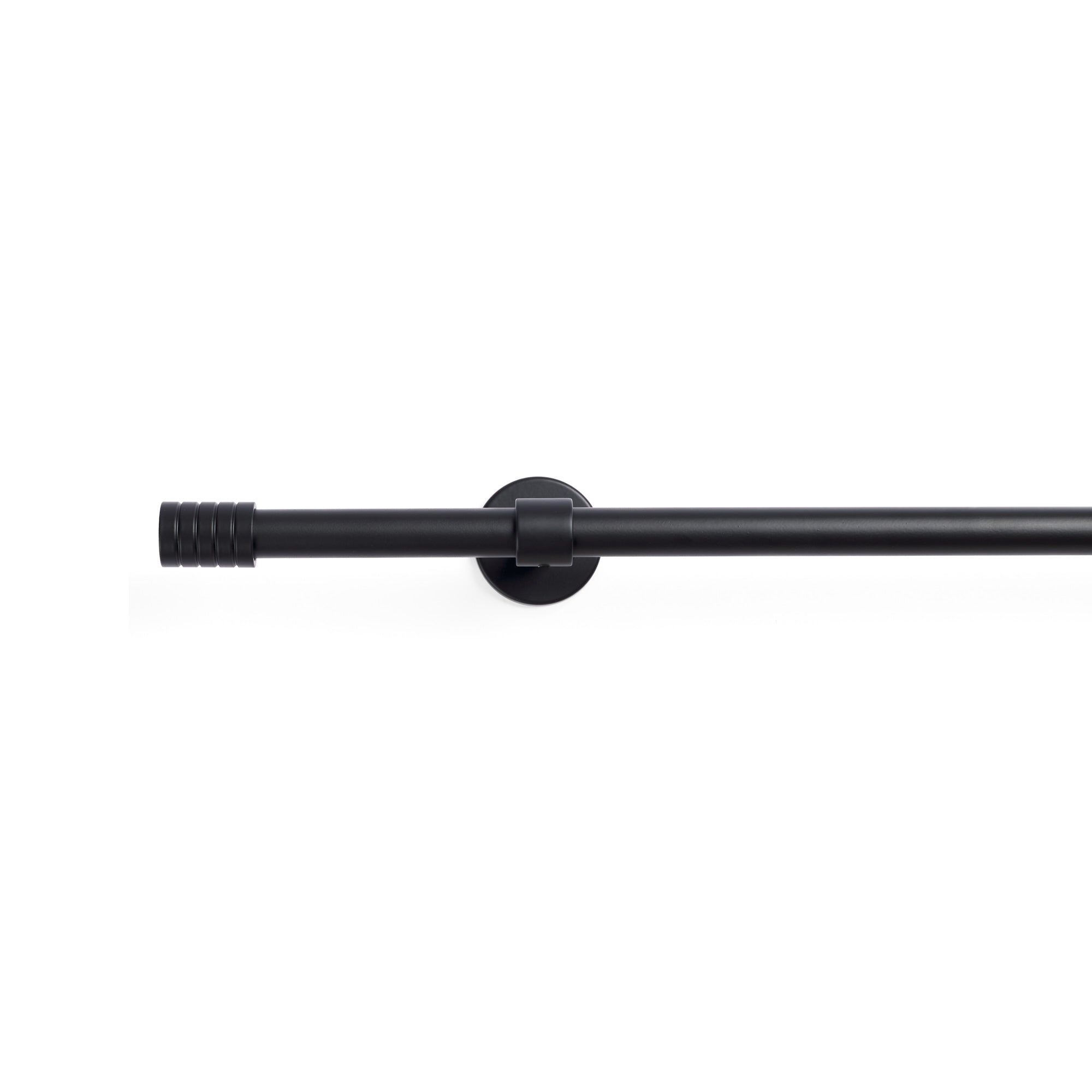Tonic Living Black café rod finial installed with café curtain rod and enclosed bracket.