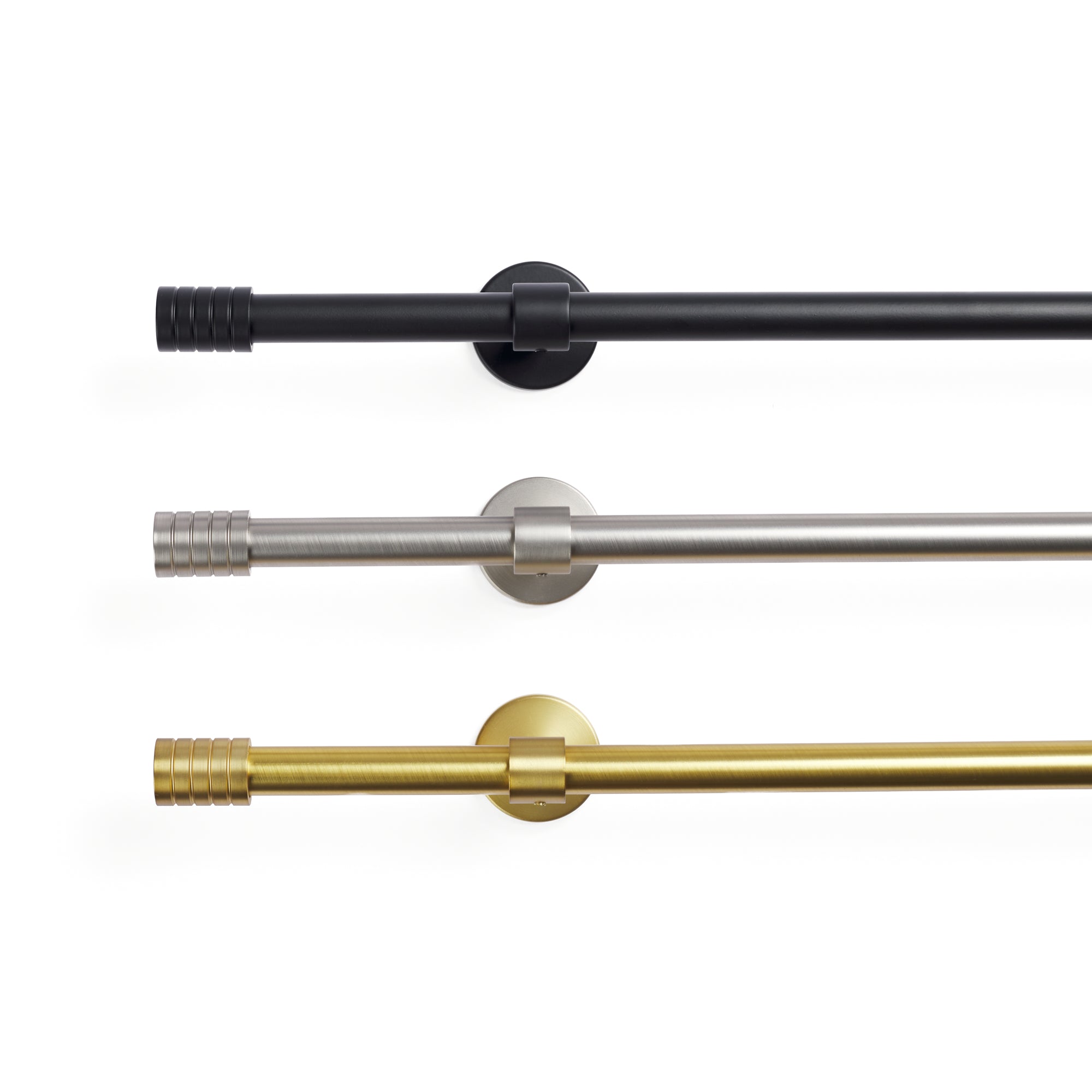 Tonic Living café rod finials in Black, Gold, and Pewter shown with rods and enclosed brackets.