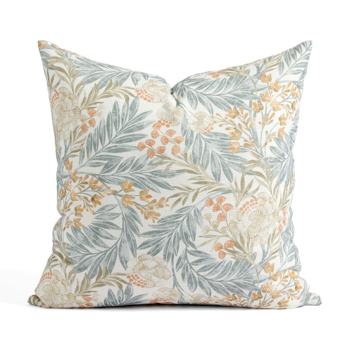 Tonic Living Fable 20x20 Pillow in Meadow, a blue and terracotta botanical throw pillow with a leafy floral pattern on soft white.
