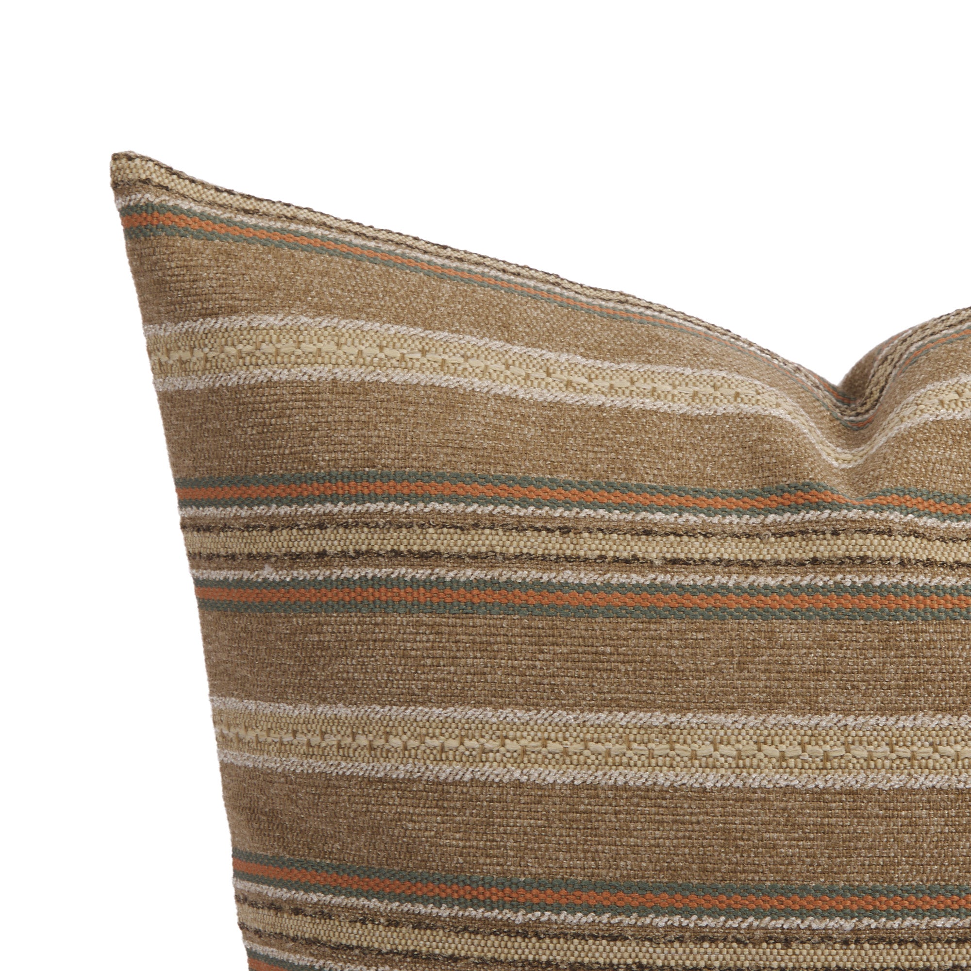 Close up of Tonic Living Fisher Stripe cushion showing nutty brown, wheat, orange, and deep teal stripe detail.