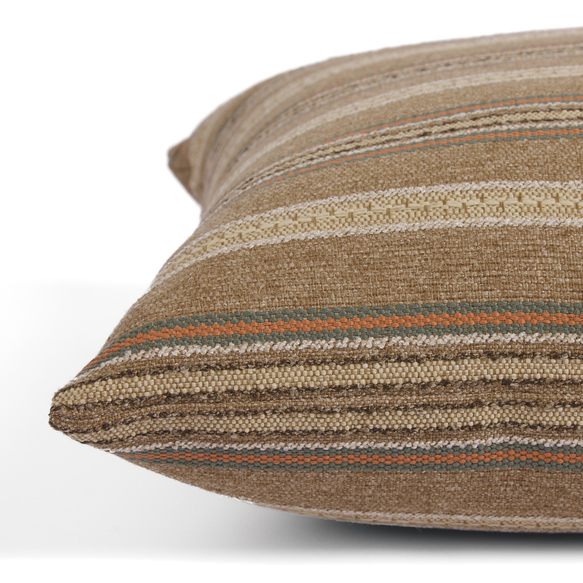Side view of Tonic Living Fisher Stripe decorative pillow highlighting its textured brown stripe design.