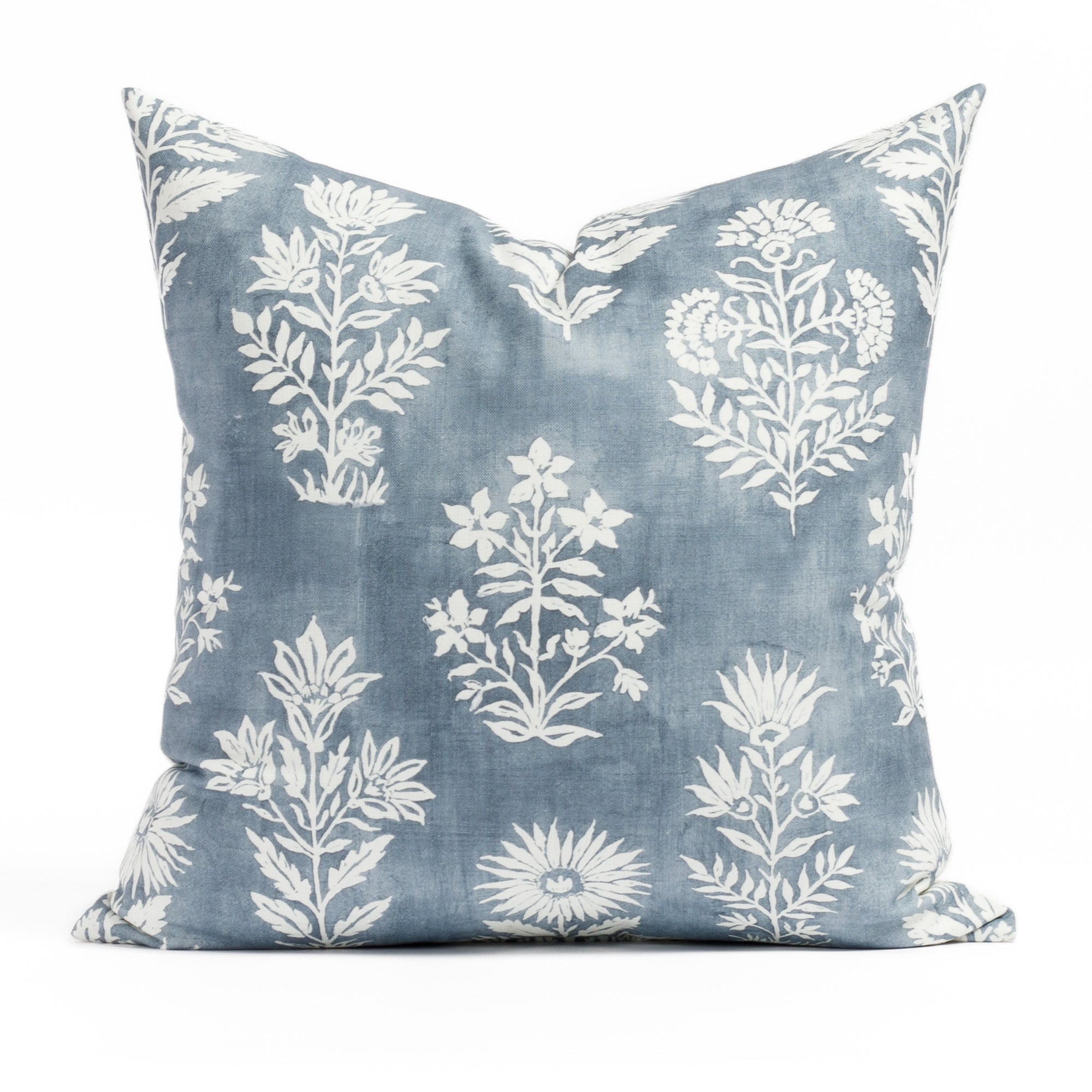 Flora Denim Blue 20x20 Pillow, an indigo blue and white batik floral print throw pillow from Tonic Living