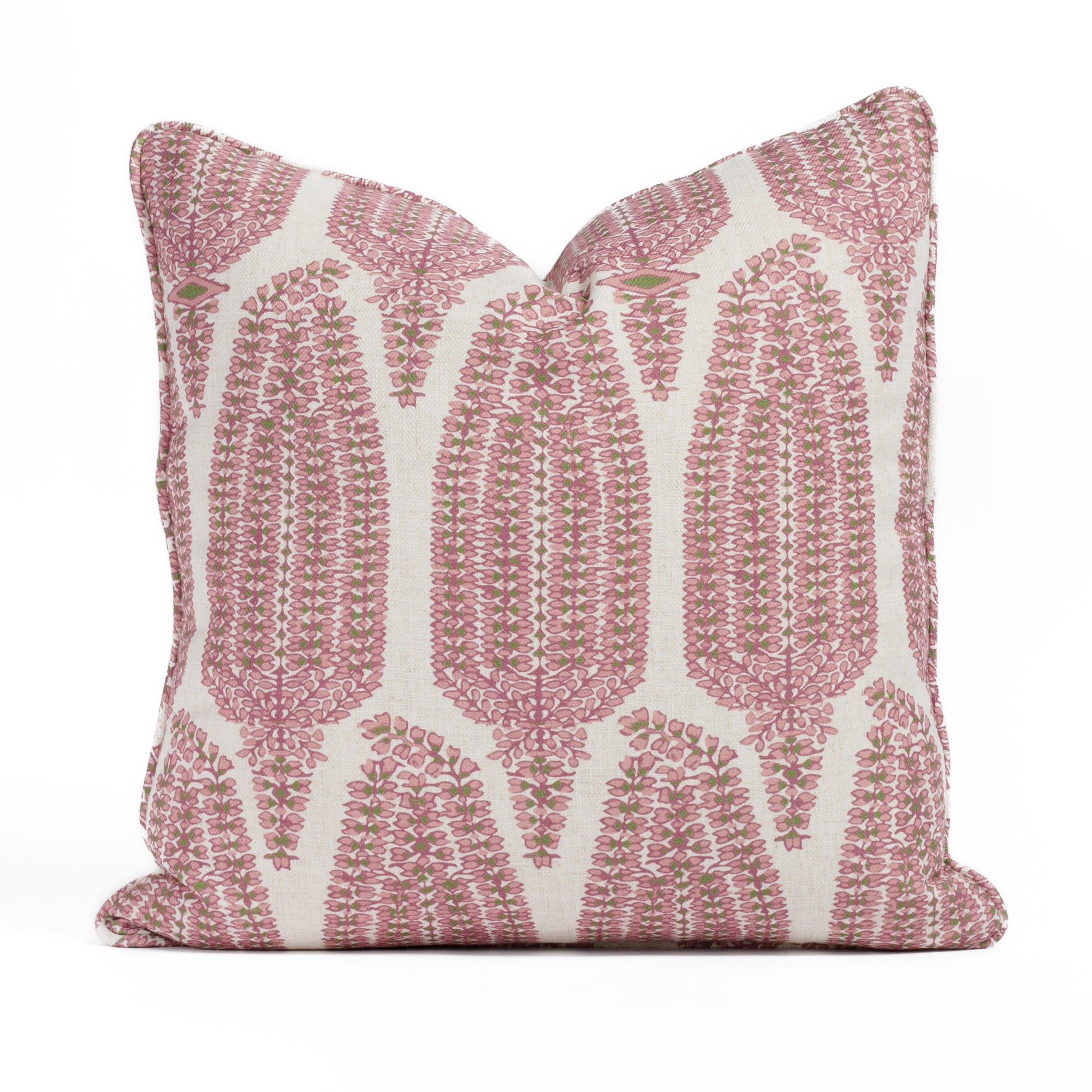 Georgia Orchid Pink 20x20 pillow, featuring a blush pink, leafy green, and off-white Mughal paisley-style pattern from Tonic Living.