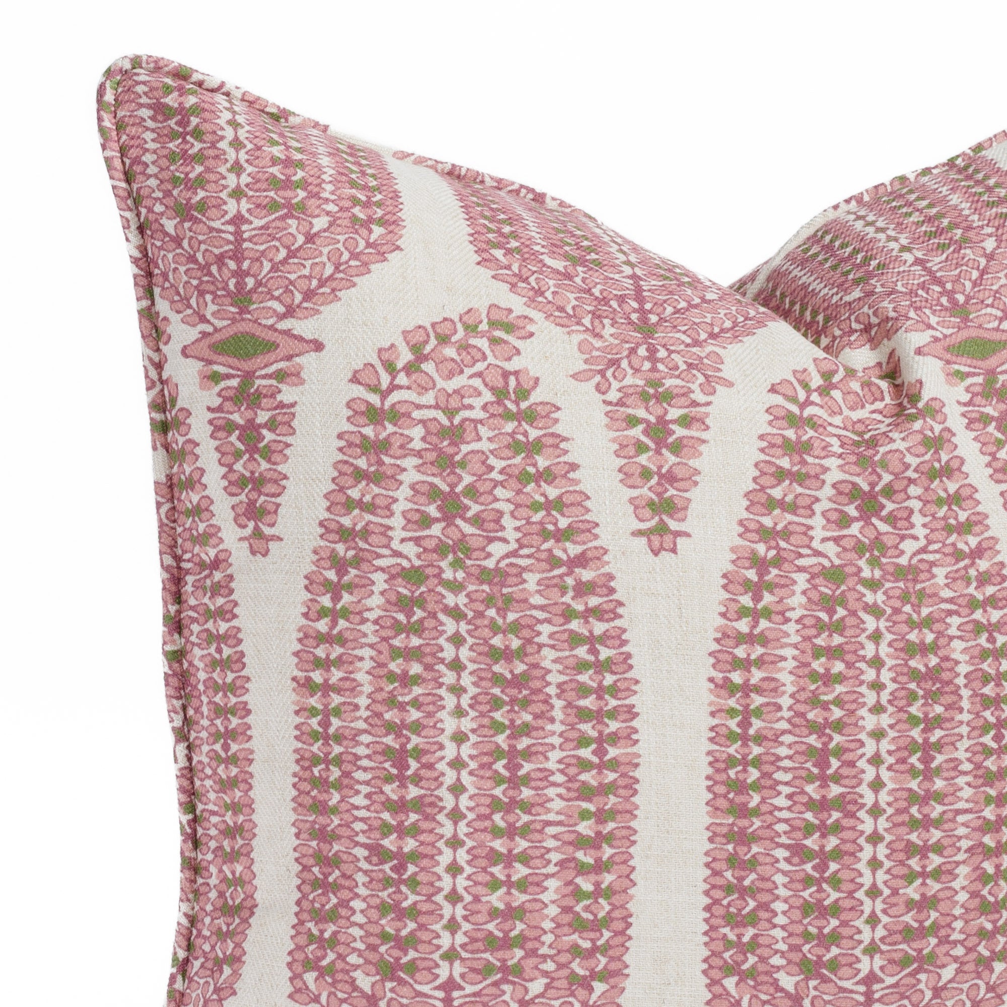 Close-up of a 20x20 pink, green and beige pillow with a paisley-style pattern and piping detail (Georgia Orchid Pink by Tonic Living).