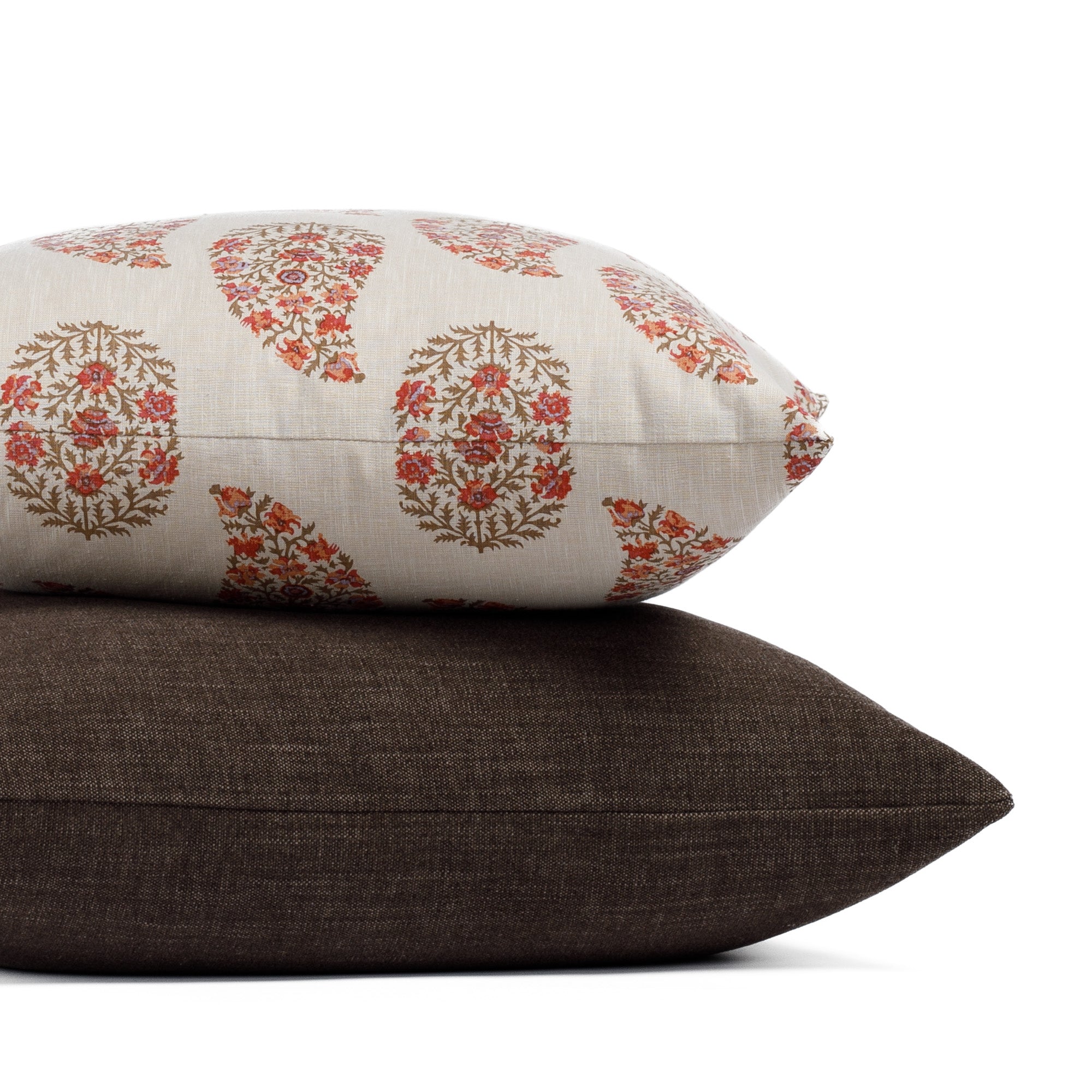 Stacked Tonic Living pillows: Grace 20x20 Pillow, Rosewood with Bedford 22x22 Pillow, Coffee Brown.
