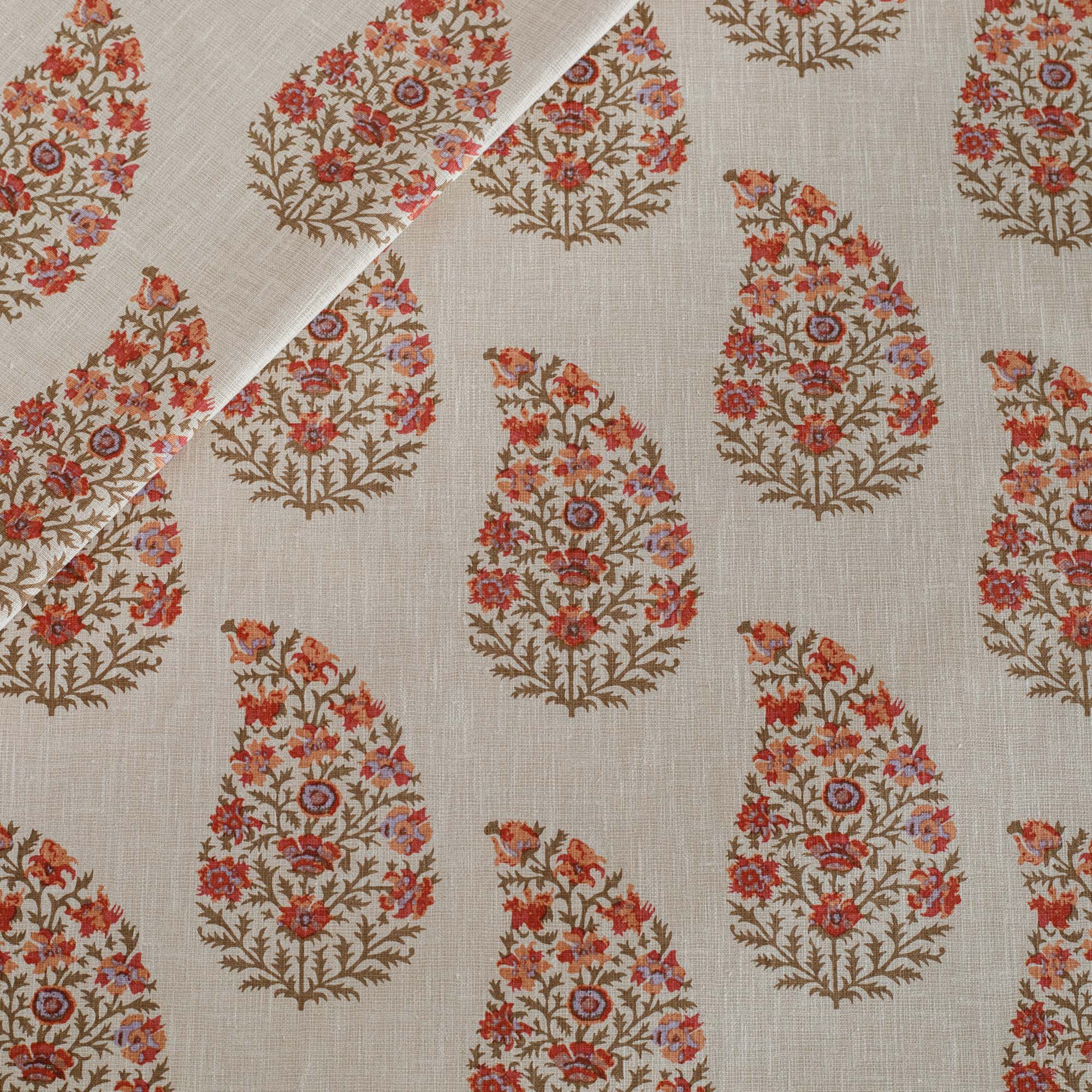 Tonic Living Grace Rosewood paisley drapery fabric in berry red, peach, and lavender.