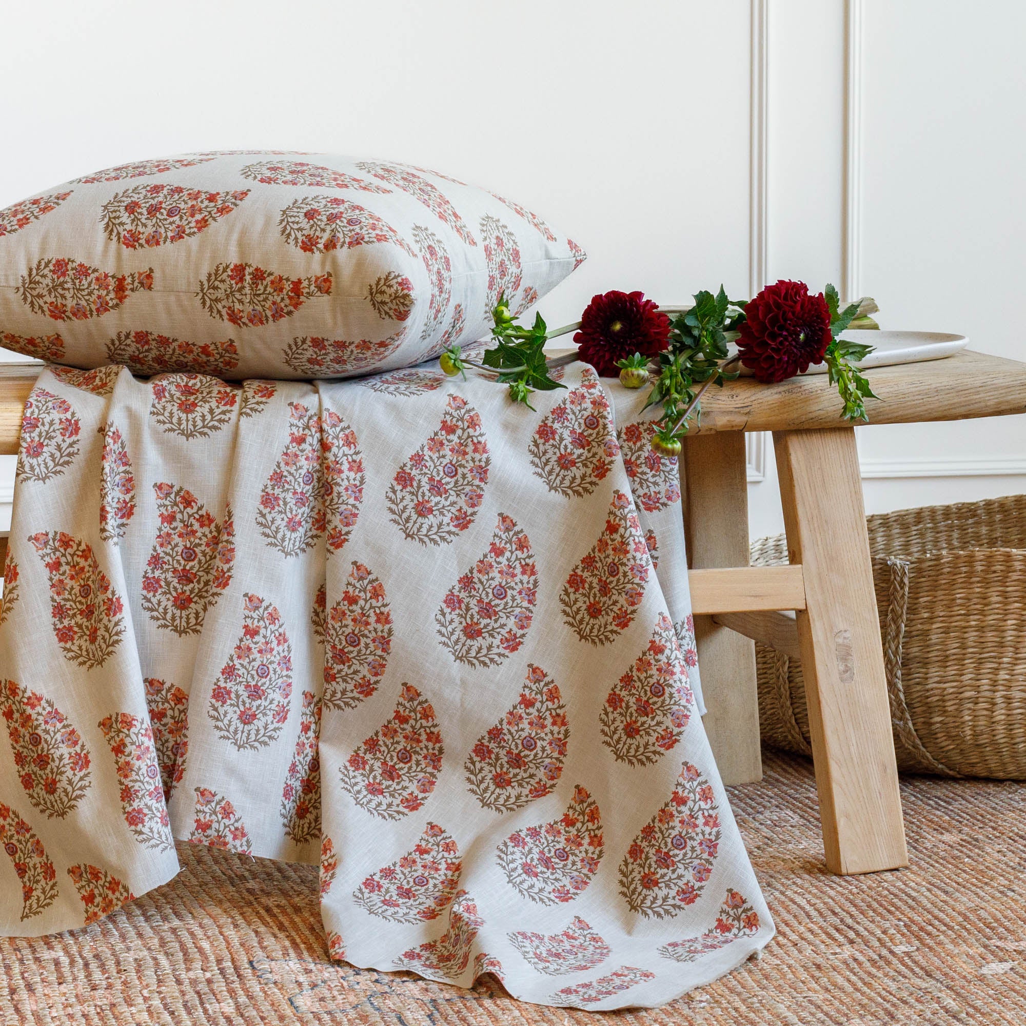 Tonic Living Grace Rosewood paisley curtain fabric with matching pillow for home decor.