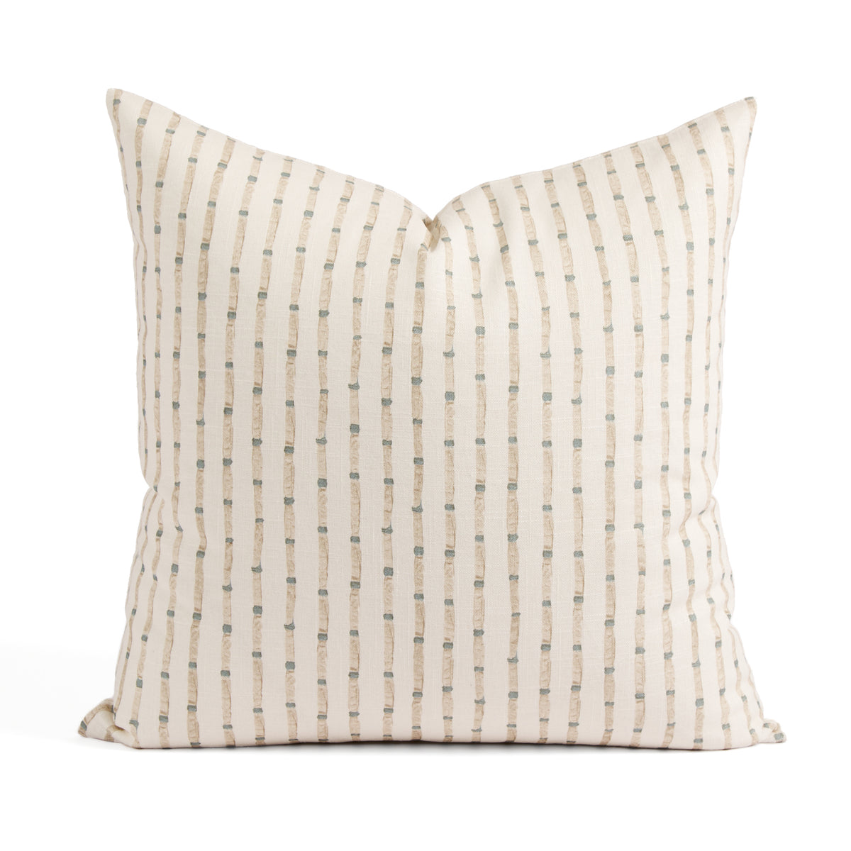 Tonic Living Hadley Stripe 20x20 Pillow in Mist, a blue, warm brown, and off-white striped throw pillow with a bamboo-inspired pattern.