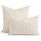 Tonic Living Hadley Stripe pillows in Mist, featuring a 14x20 lumbar pillow and 20x20 throw pillow in blue, warm brown, and off-white stripes.