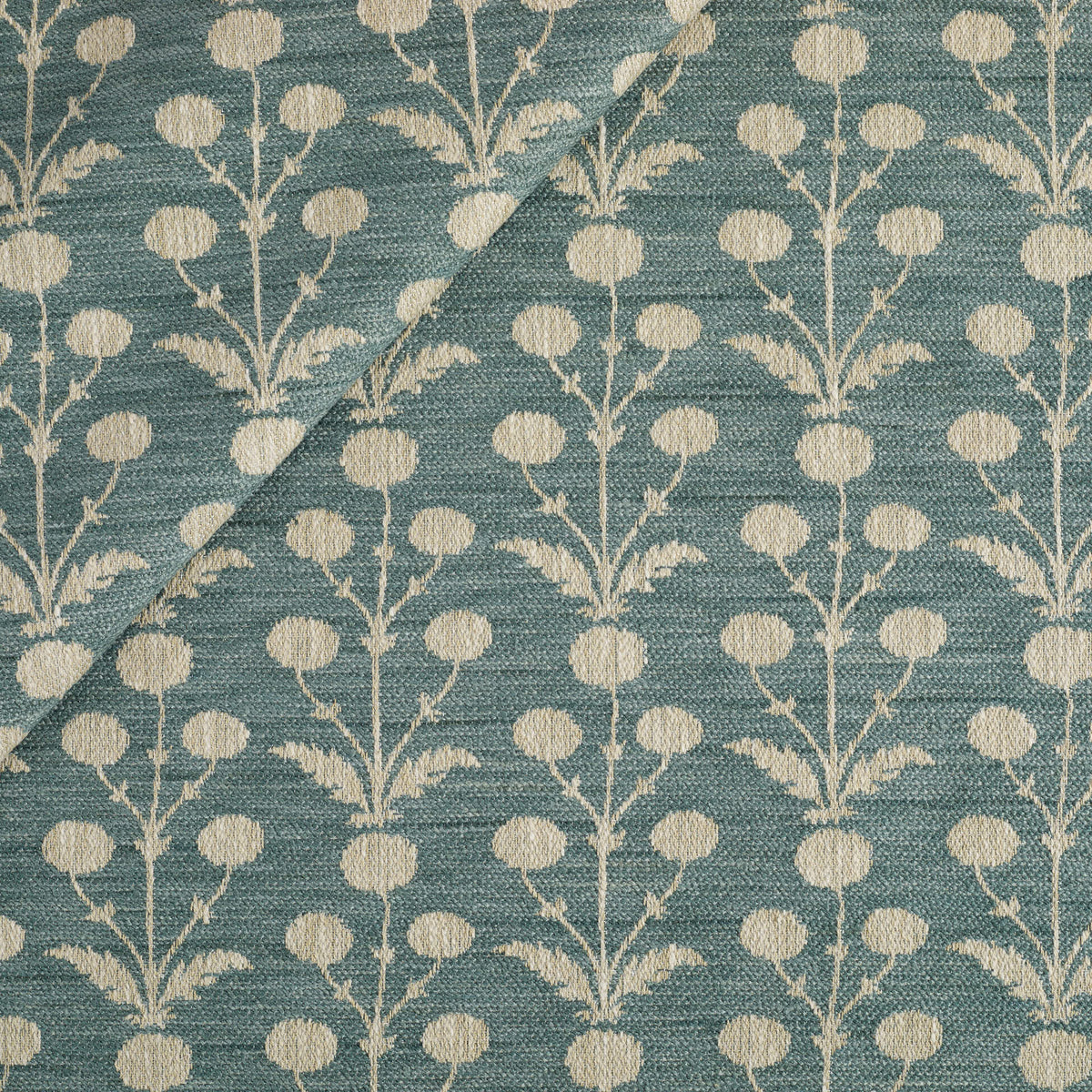 Tonic Living Hazel Fabric in Pool, a muted teal blue and oatmeal botanical upholstery fabric with a delicate floral pattern.