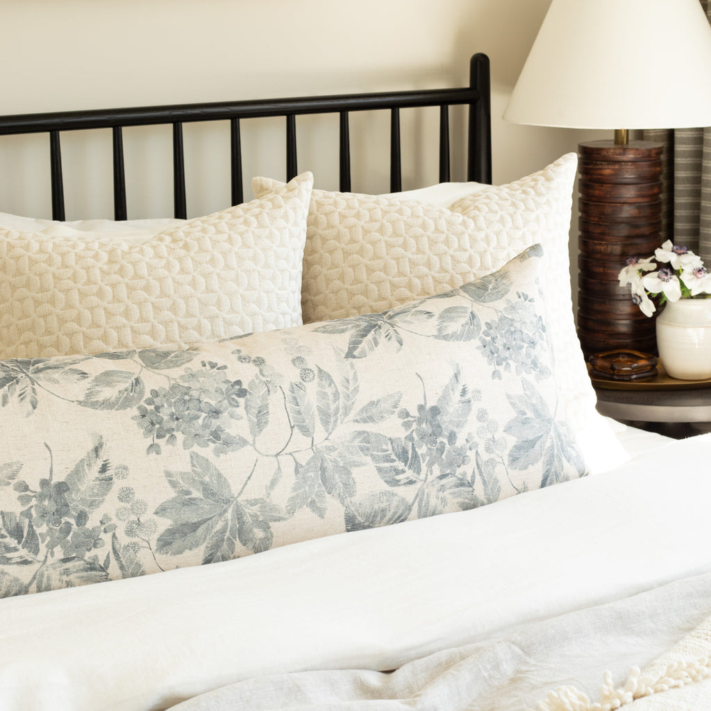 blue and cream bed pillows