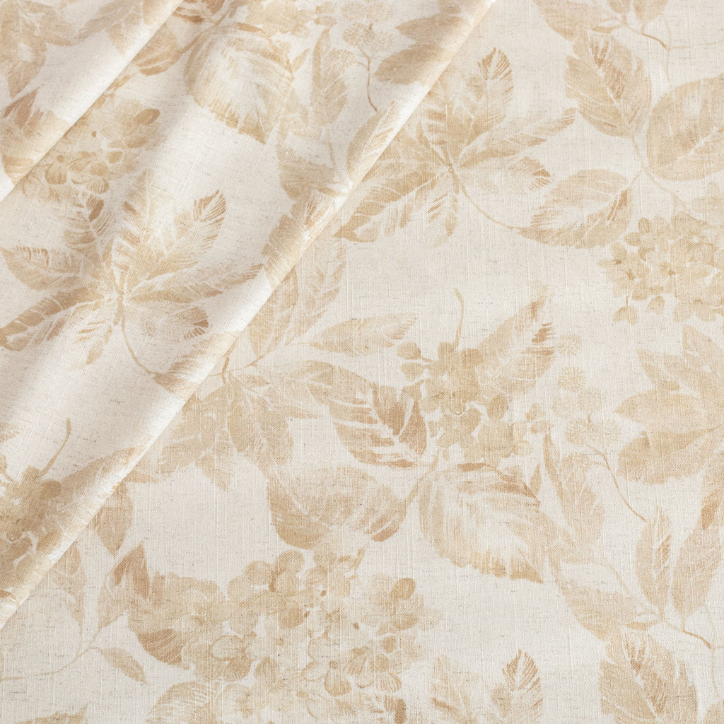 a tonal oatmeal cream and soft ochre brown hydrangea floral print fabric