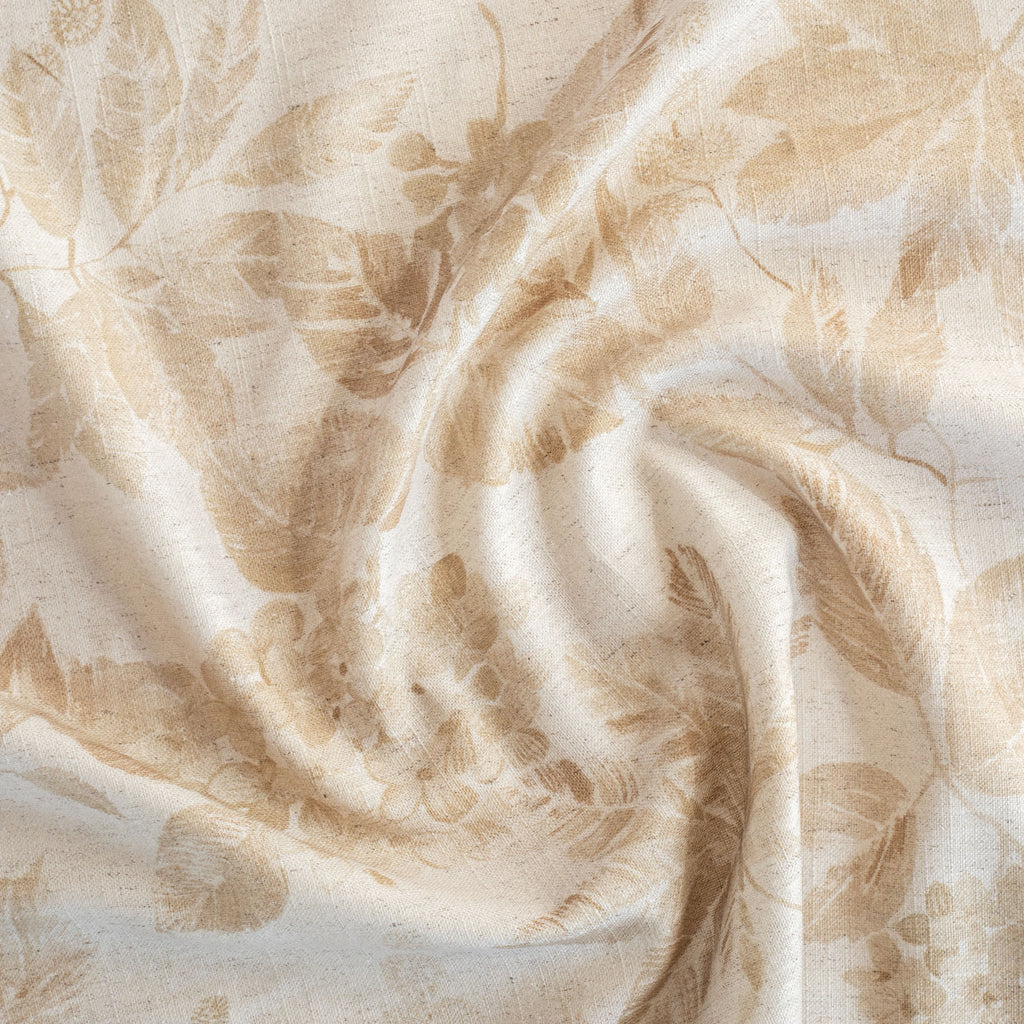 a tonal oatmeal cream and soft ochre brown botanical print fabric