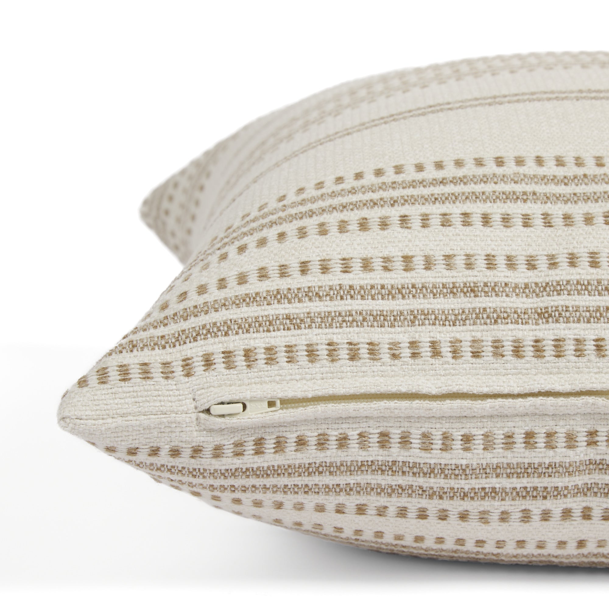 Side zipper detail of Tonic Living Hopper Stripe 22x22 toss cushion in a neutral oatmeal and brown stripe.