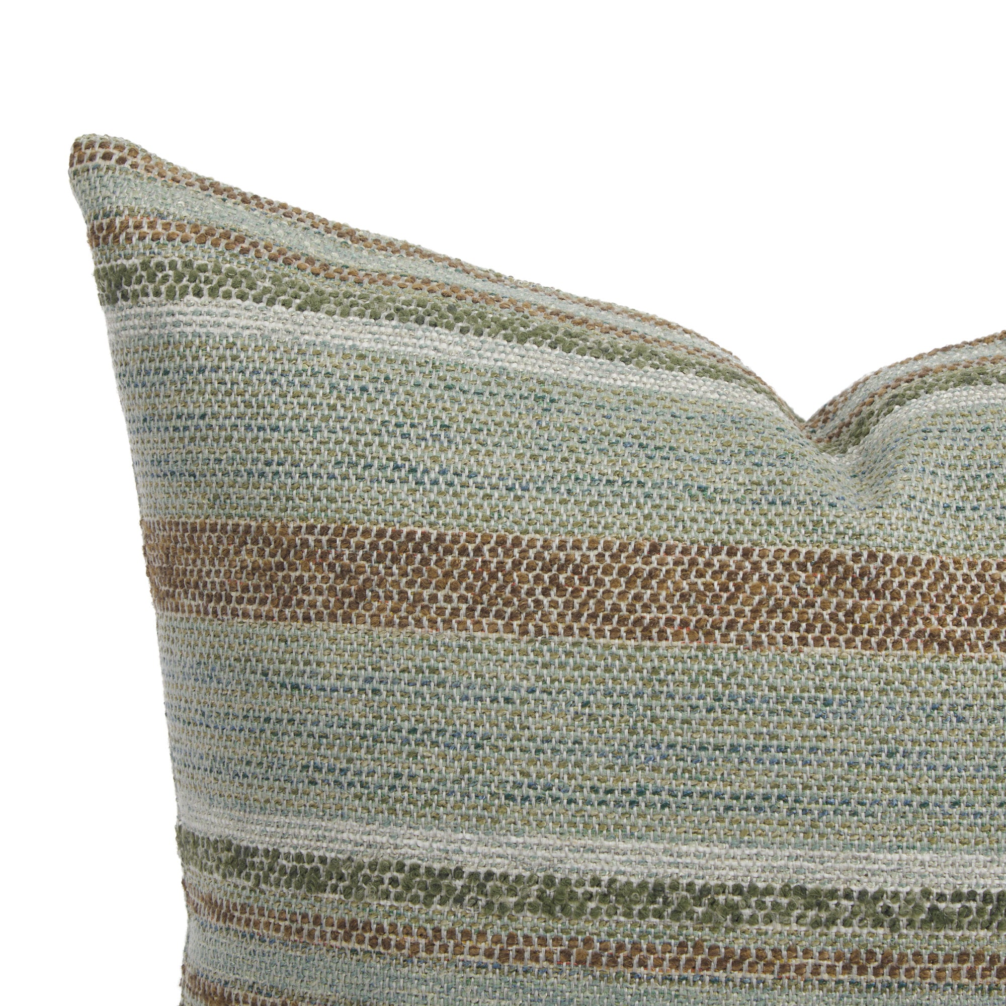 Close up of Tonic Living Indie Stripe pillow showing green, teal, brown, and white woven stripe detail.