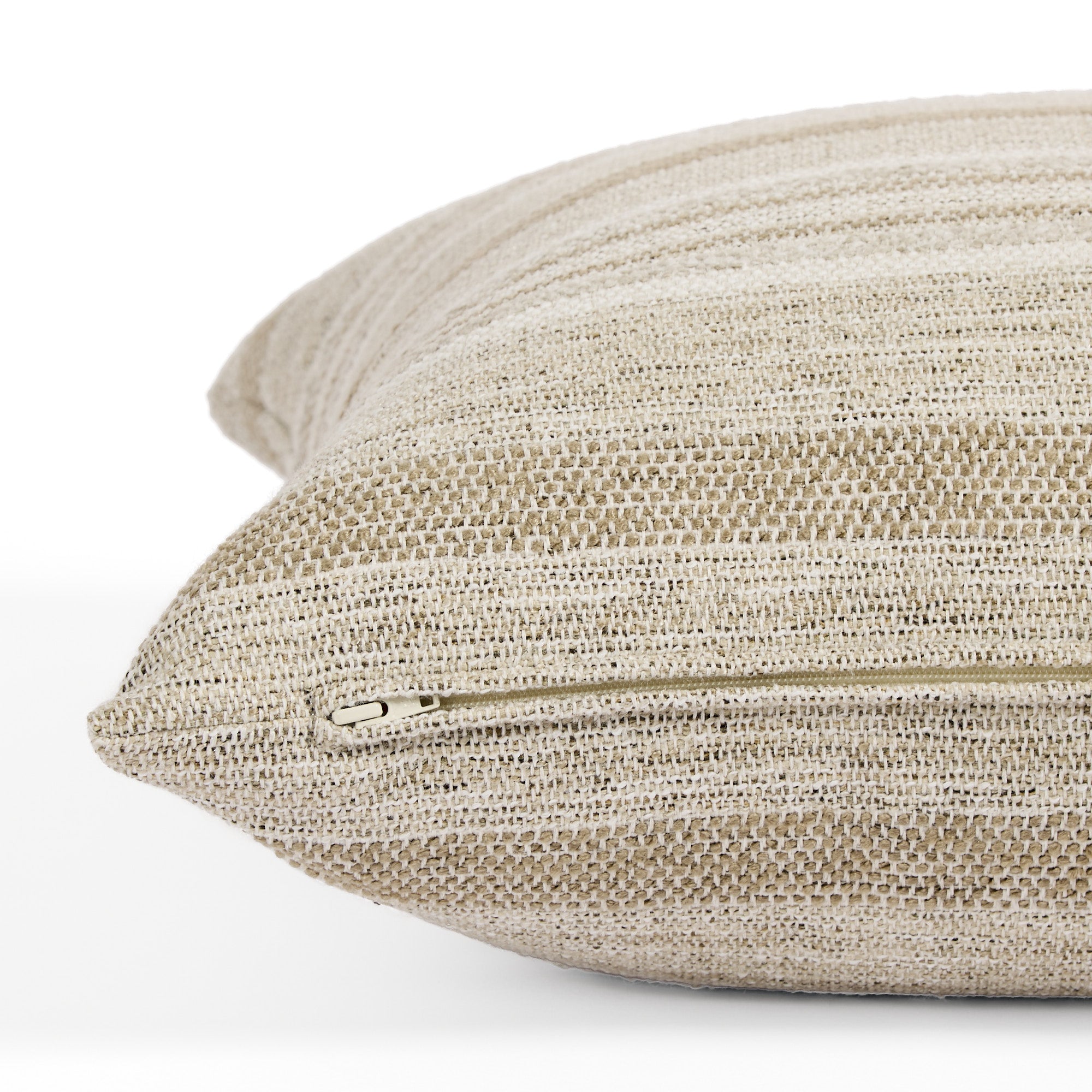 Side zipper detail of Tonic Living Indie Stripe 22x22 pillow in soft beige and tonal stripe.