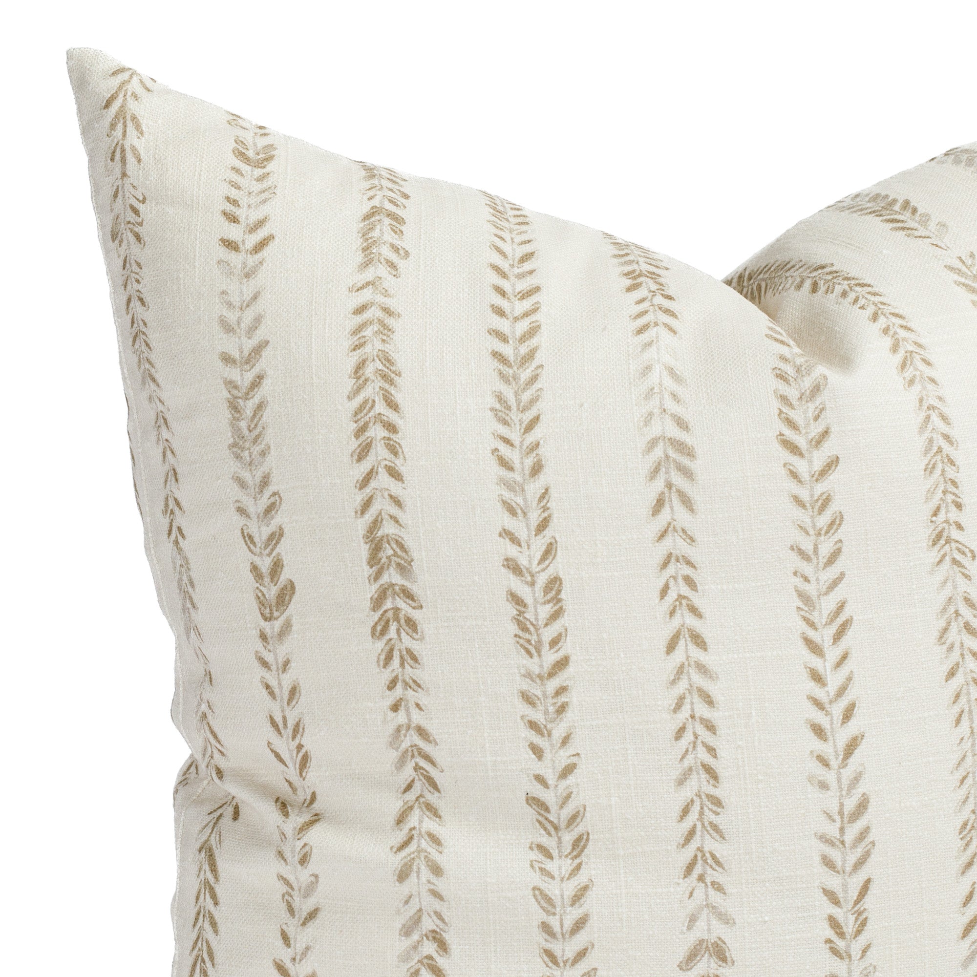 a chestnut brown and cream leaf vine  block print pillow : close up view
