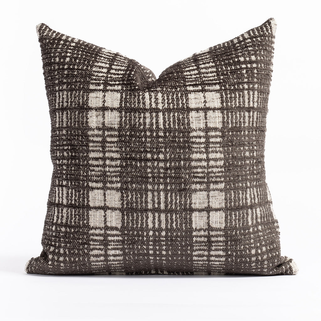 Jasper Plaid 20x20 Pillow Onyx, a charcoal grey and beige chenille textured plaid throw pillow from Tonic Living