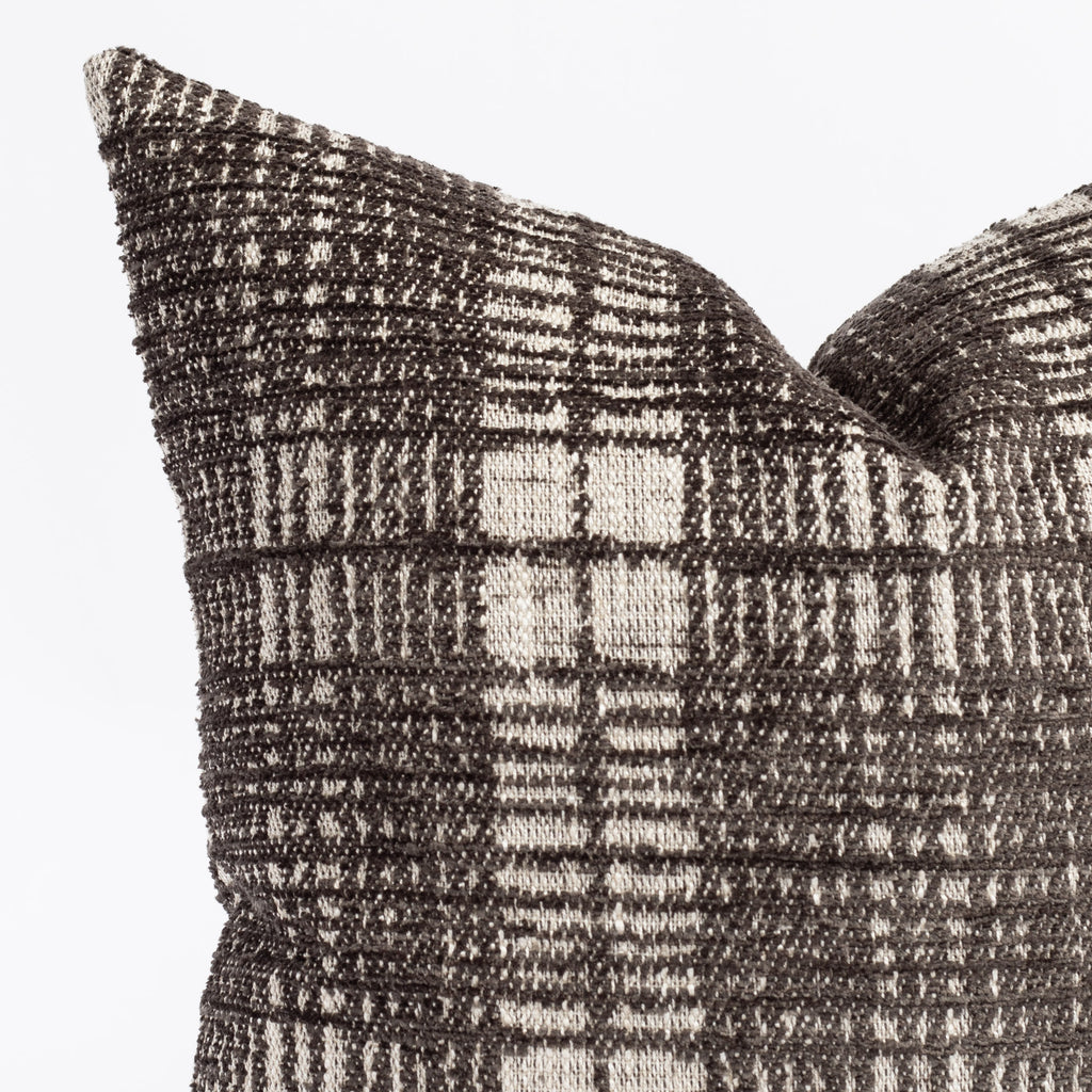 a charcoal grey and beige chenille textured plaid throw pillow : close up view