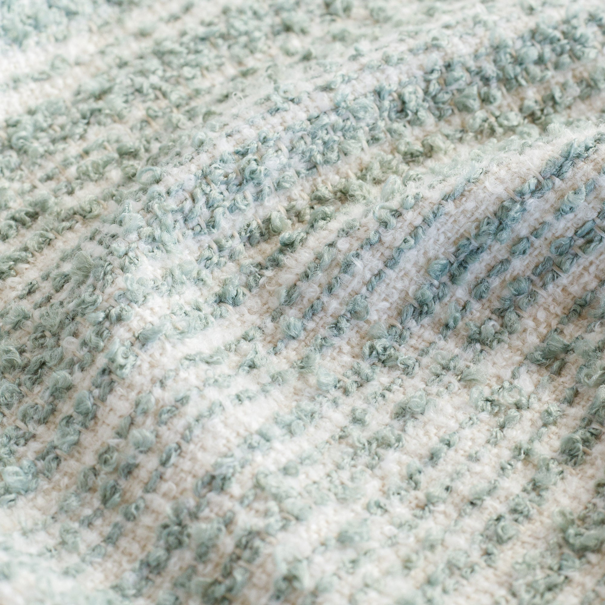 a loopy boucle blue green and cream stripe home decor fabric : close up view