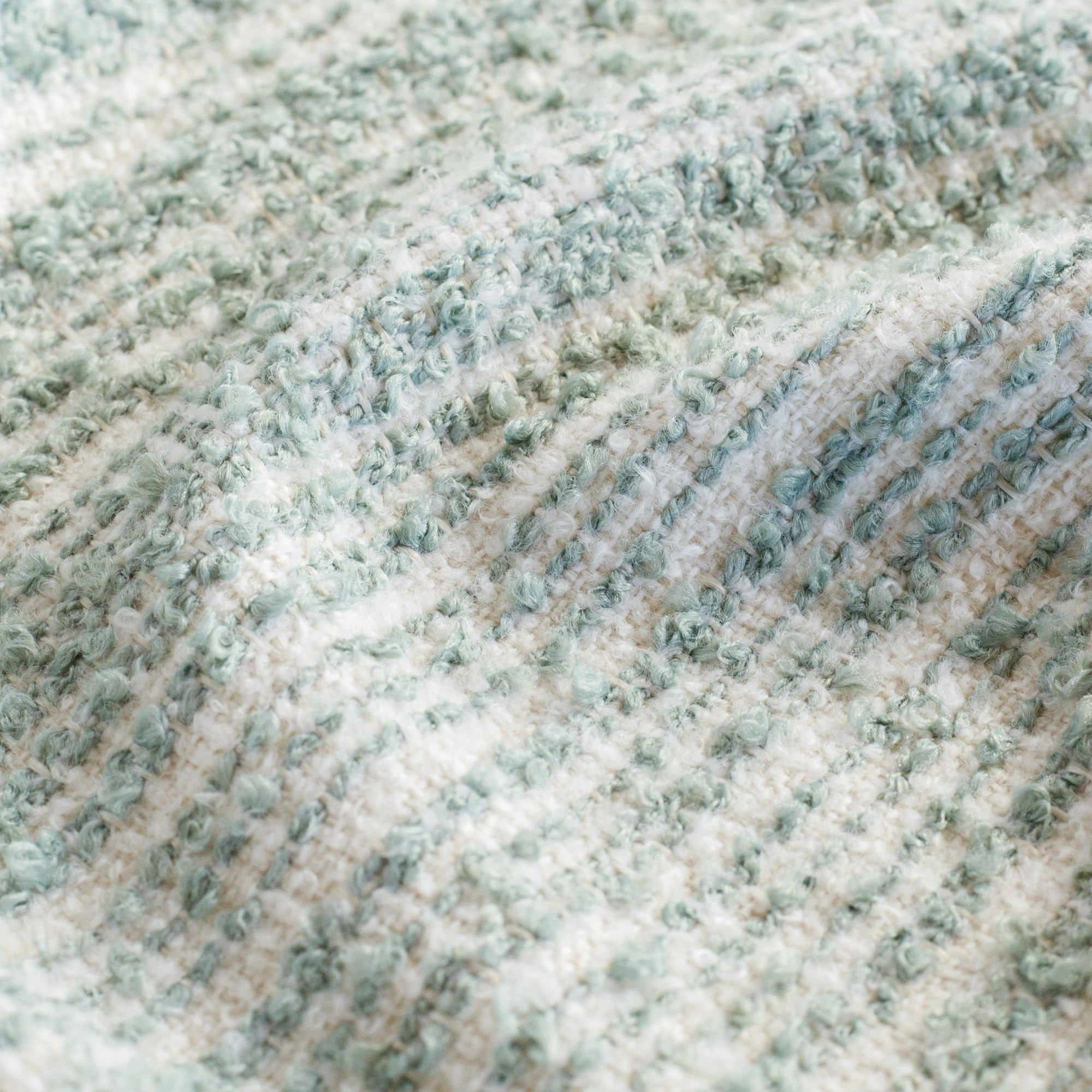 a loopy boucle blue green and cream stripe home decor fabric : close up view