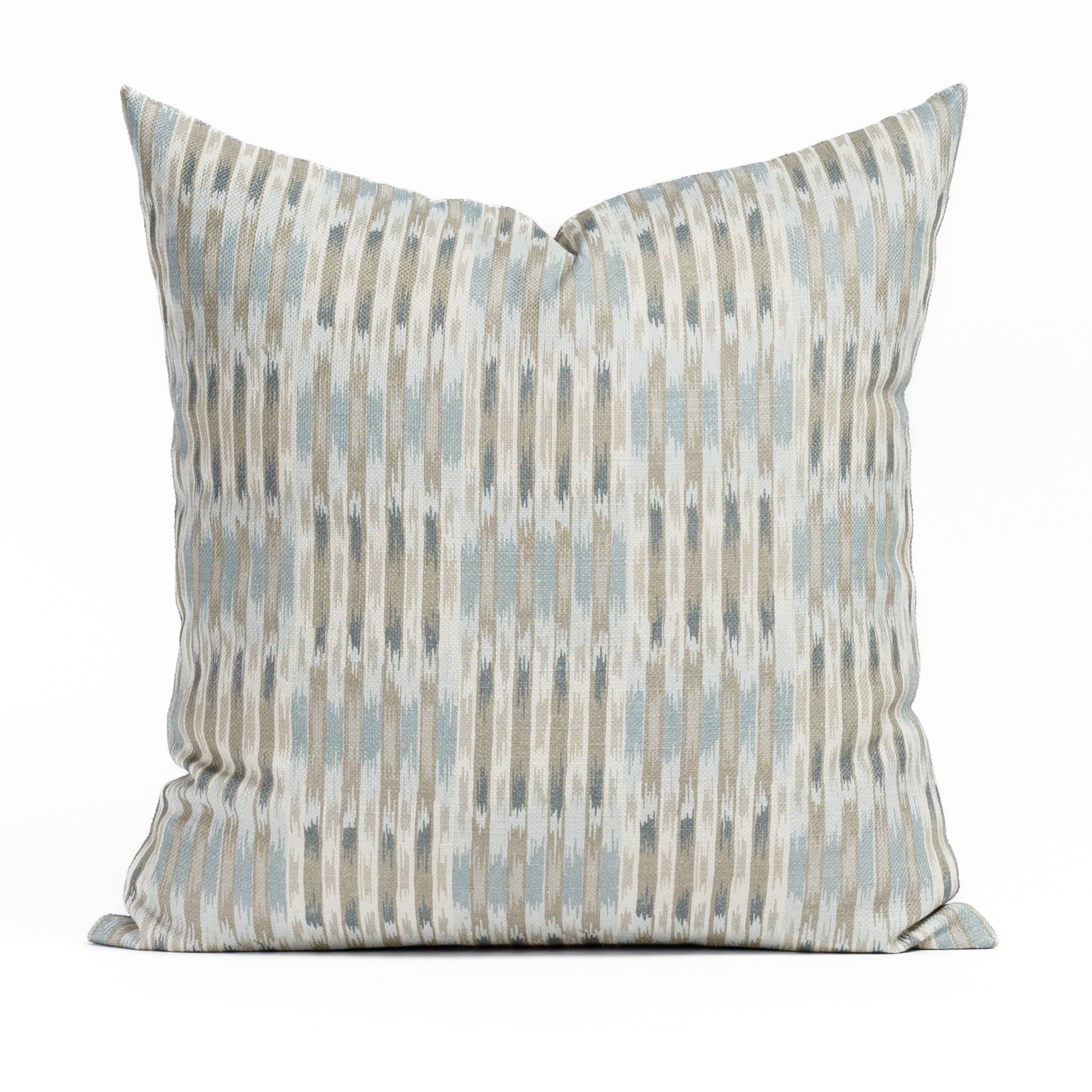 Lagos Seaside Blue 20x20, a watery blue, sand and white ikat print throw pillow from Tonic Living