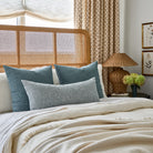 Bed styled with Tonic Living throw pillows - Bedford Denim Blue 22x22 & Lane Chambray XL lumbar