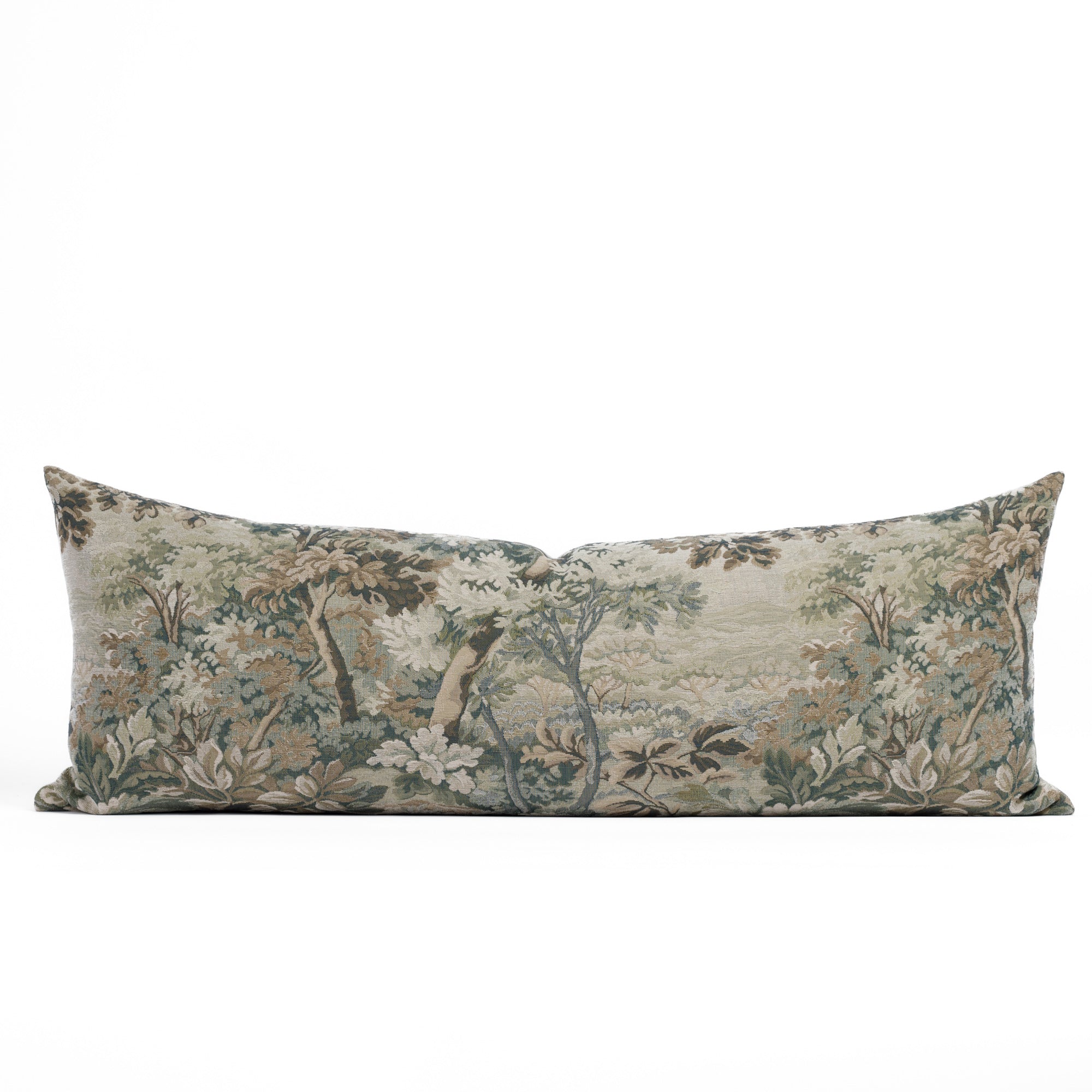 Tonic Living Manor Tapestry 16x42 bolster pillow in sage green with vintage botanical tapestry design.