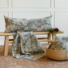 Manor Tapestry Sage products styled: XL lumbar bolster pillow, 20x20 decorative cushion, and matching fabric by Tonic Living.