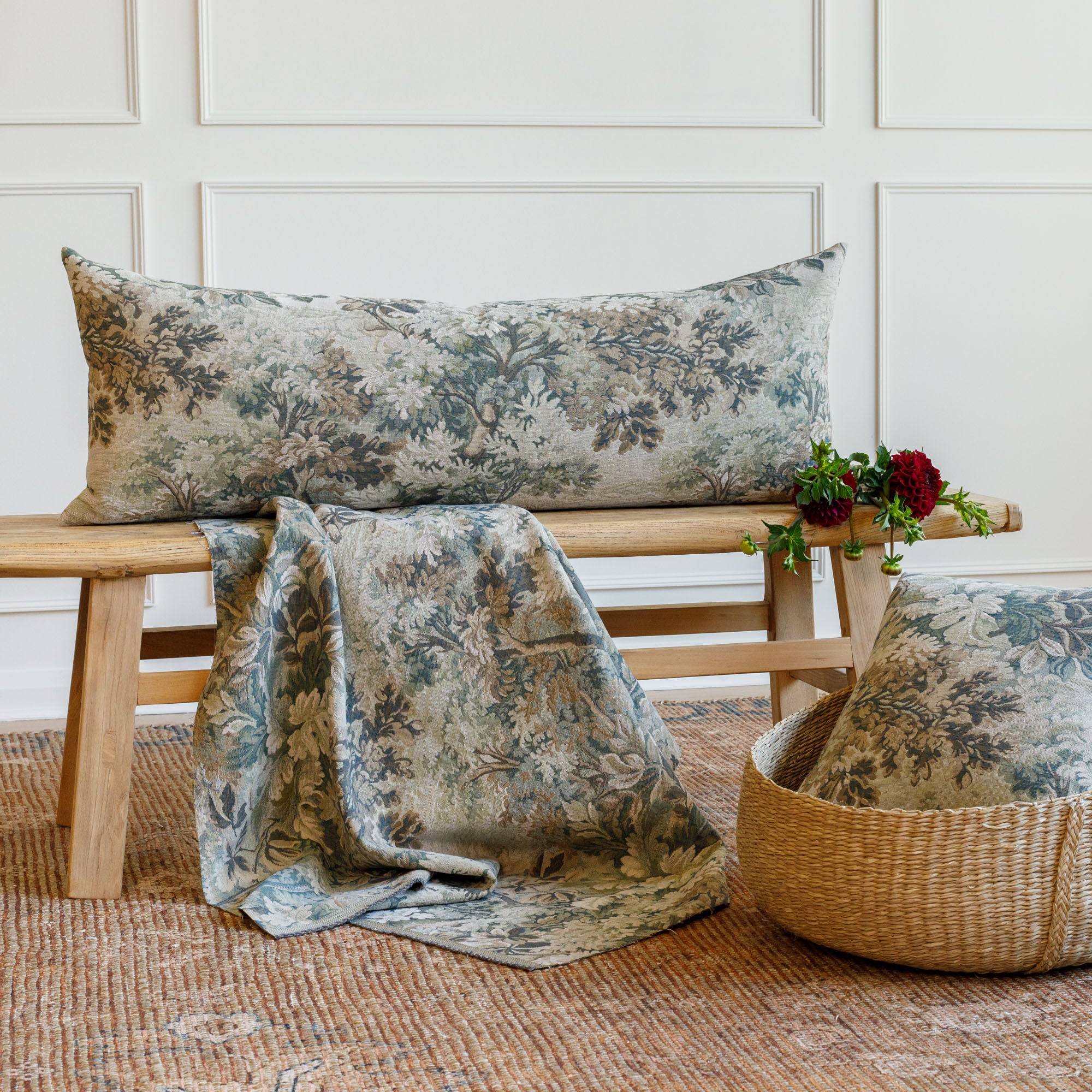 Manor Tapestry Sage products styled: XL lumbar bolster pillow, 20x20 decorative cushion, and matching fabric by Tonic Living.